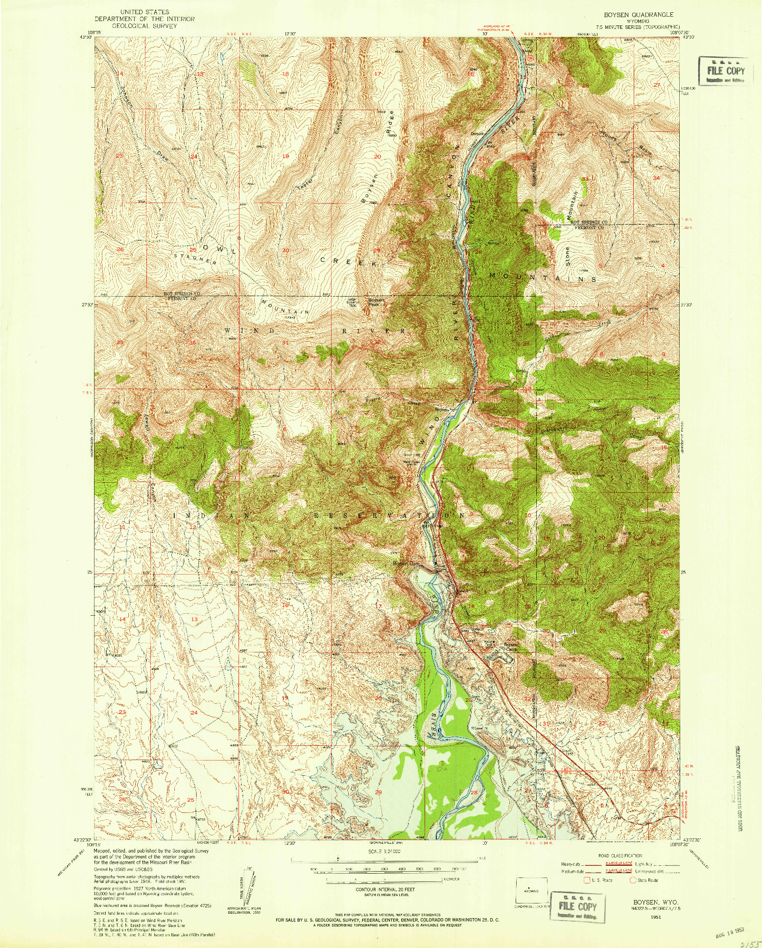 USGS 1:24000-SCALE QUADRANGLE FOR BOYSEN, WY 1951