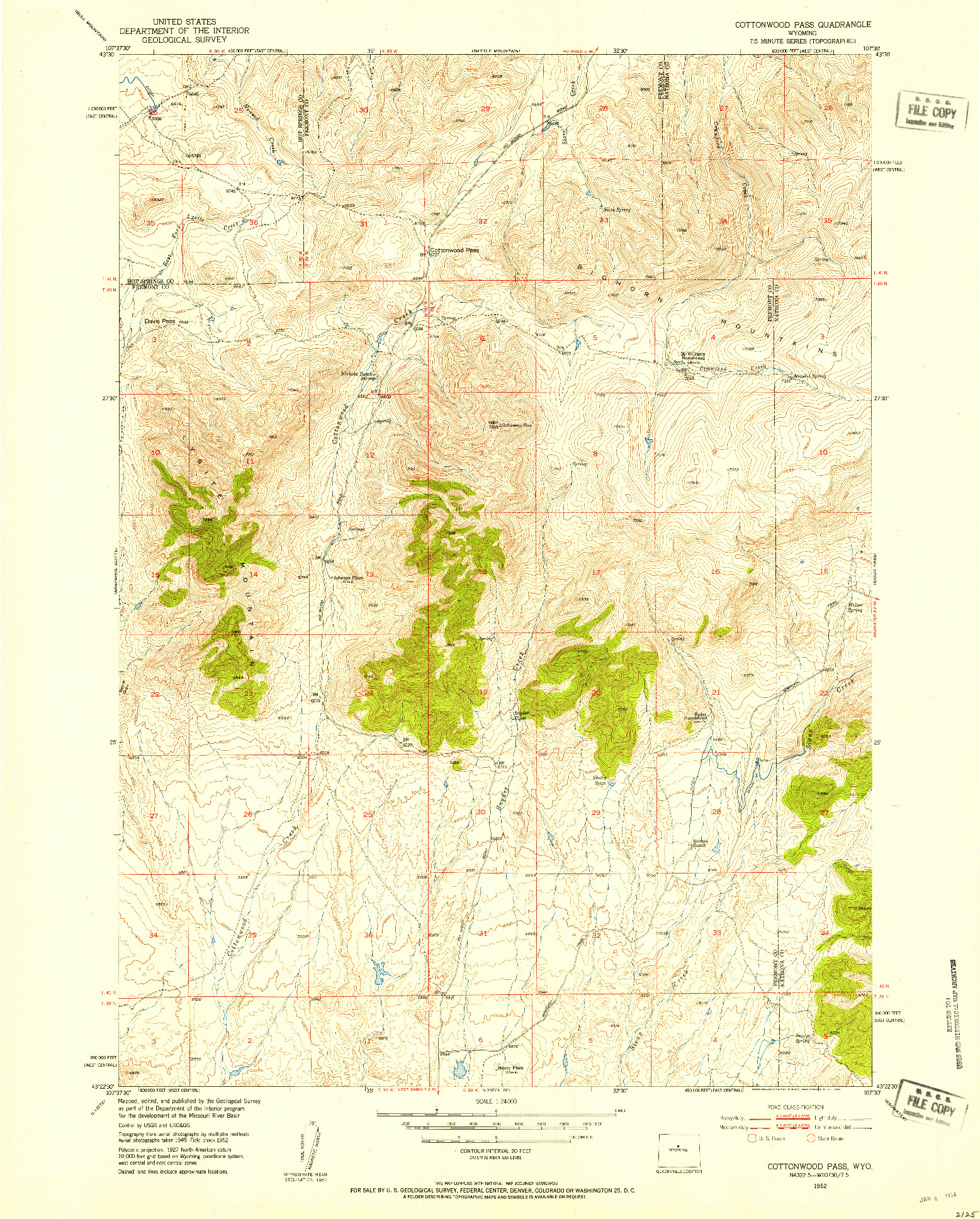 USGS 1:24000-SCALE QUADRANGLE FOR COTTONWOOD PASS, WY 1952