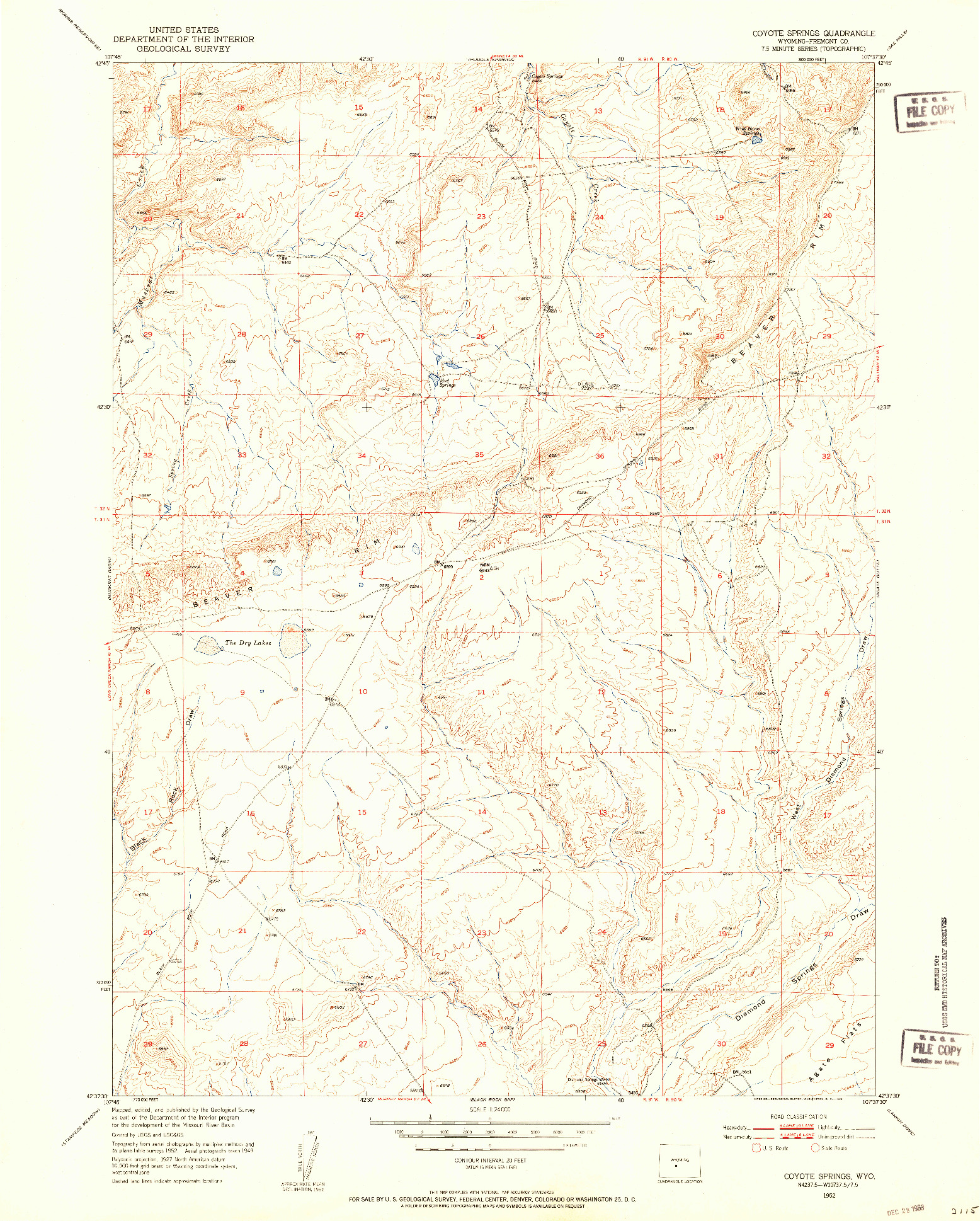 USGS 1:24000-SCALE QUADRANGLE FOR COYOTE SPRINGS, WY 1952