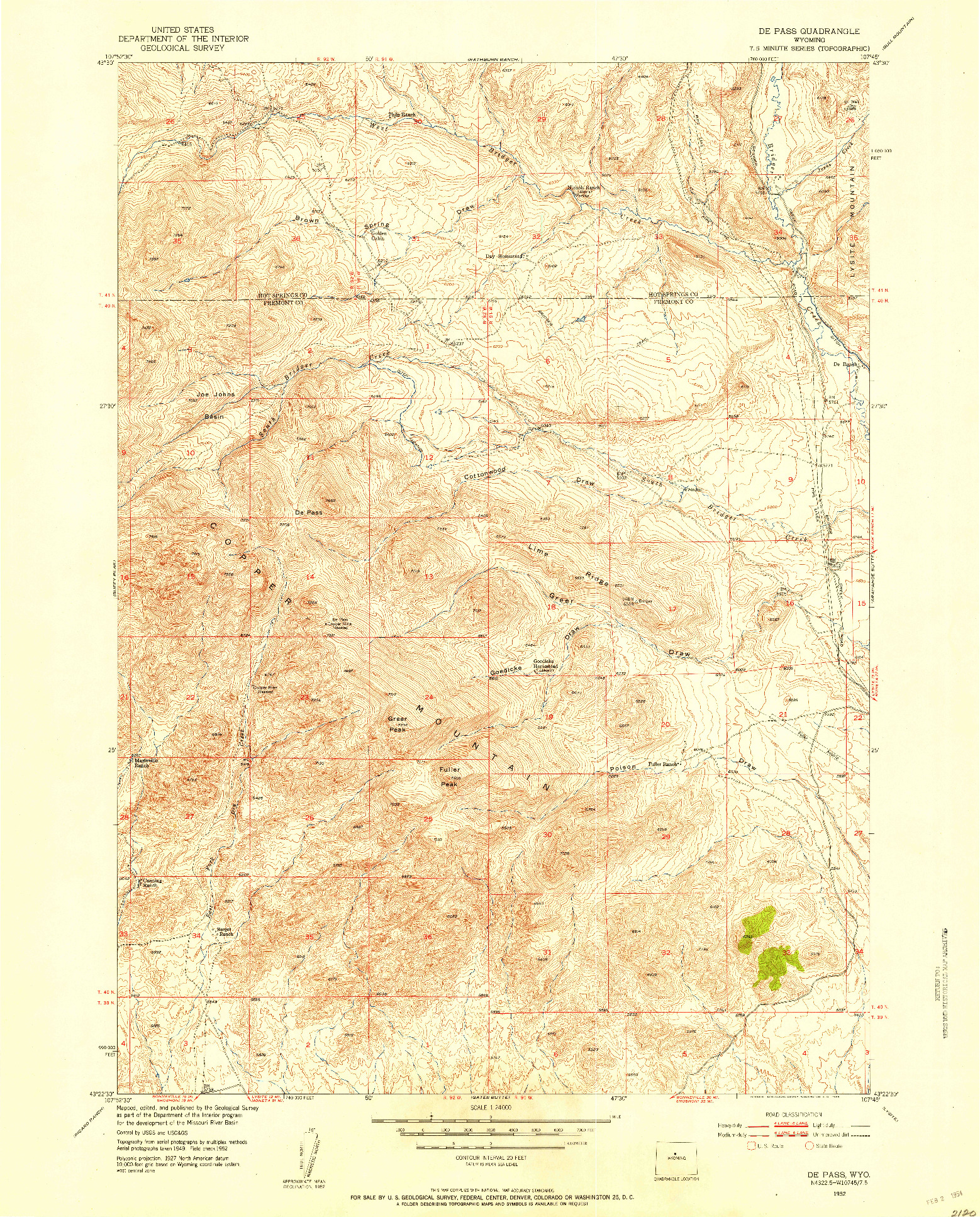 USGS 1:24000-SCALE QUADRANGLE FOR DE PASS, WY 1952