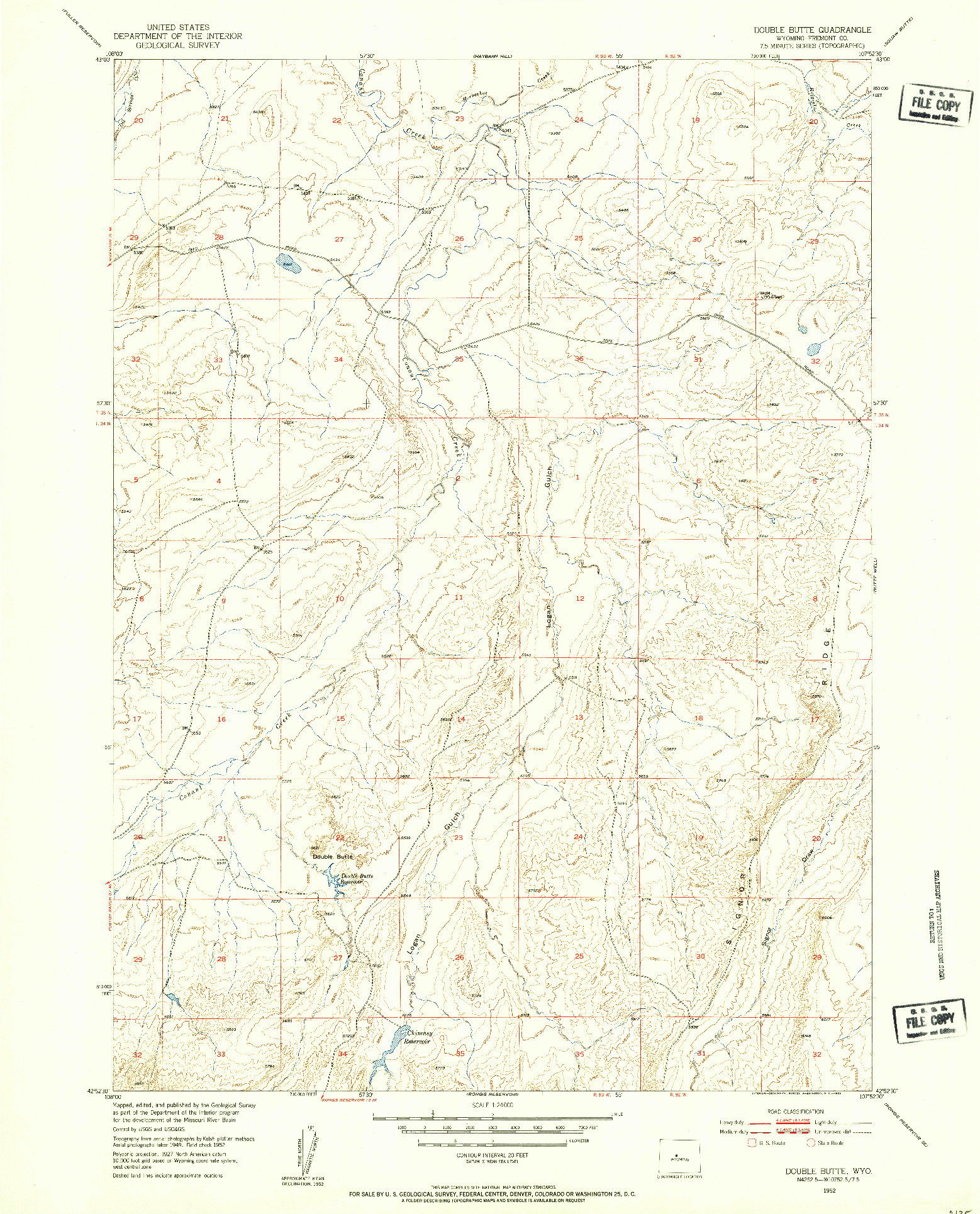 USGS 1:24000-SCALE QUADRANGLE FOR DOUBLE BUTTE, WY 1952