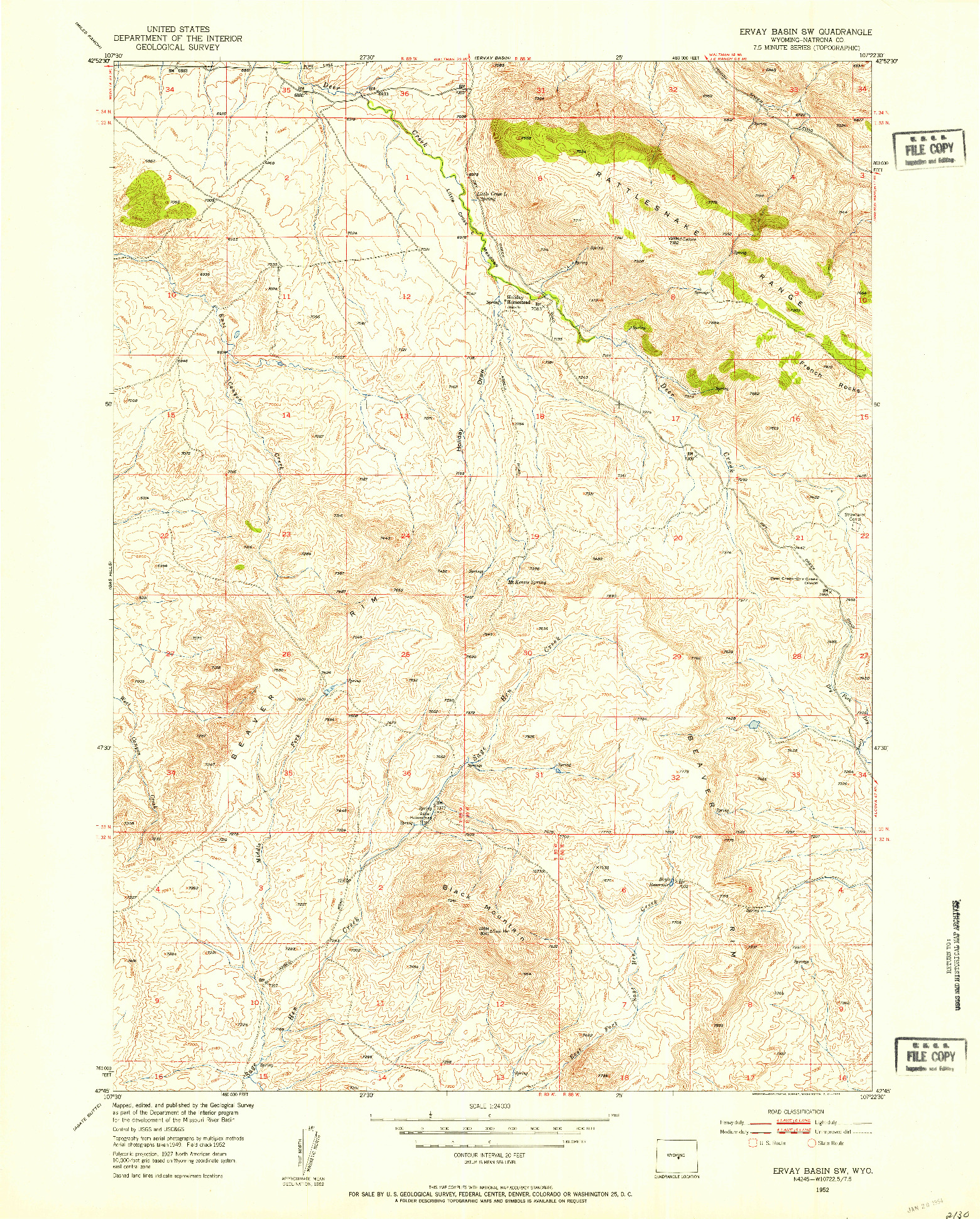 USGS 1:24000-SCALE QUADRANGLE FOR ERVAY BASIN SW, WY 1952