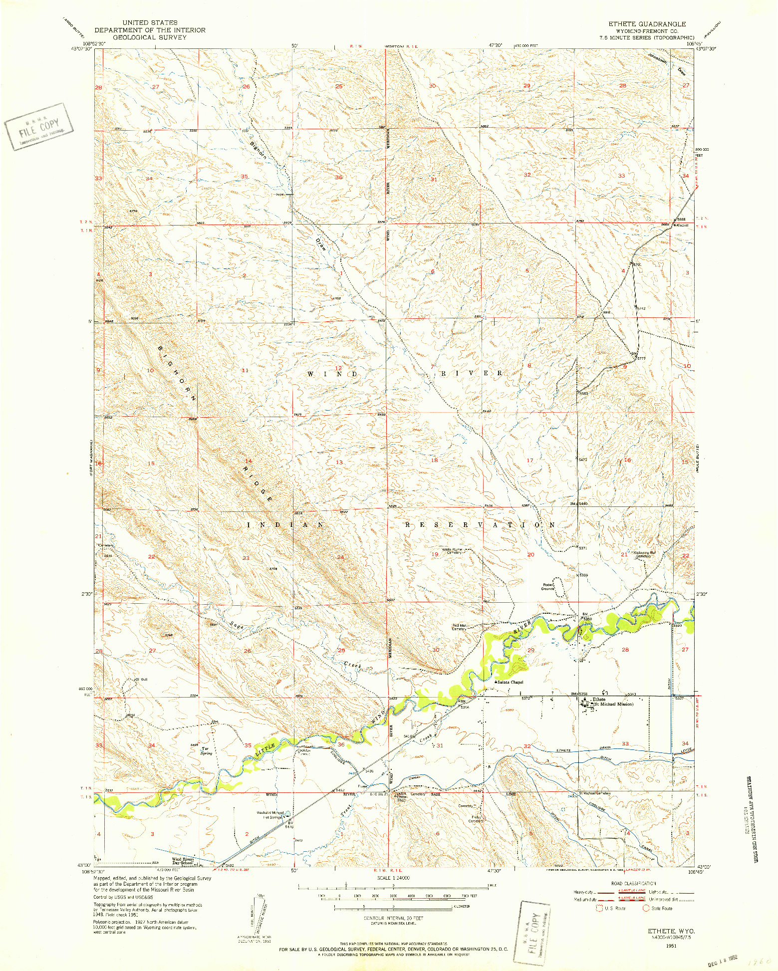 USGS 1:24000-SCALE QUADRANGLE FOR ETHETE, WY 1951