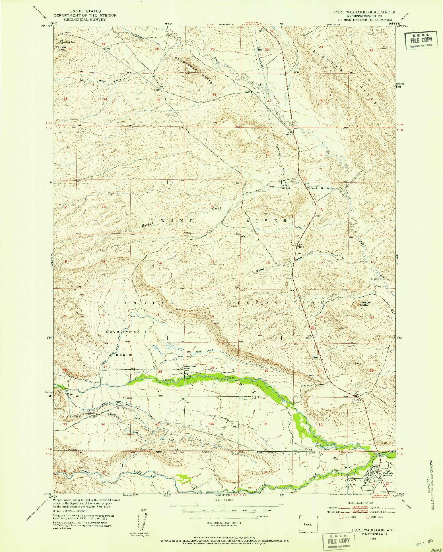 USGS 1:24000-SCALE QUADRANGLE FOR FORT WASHAKIE, WY 1951