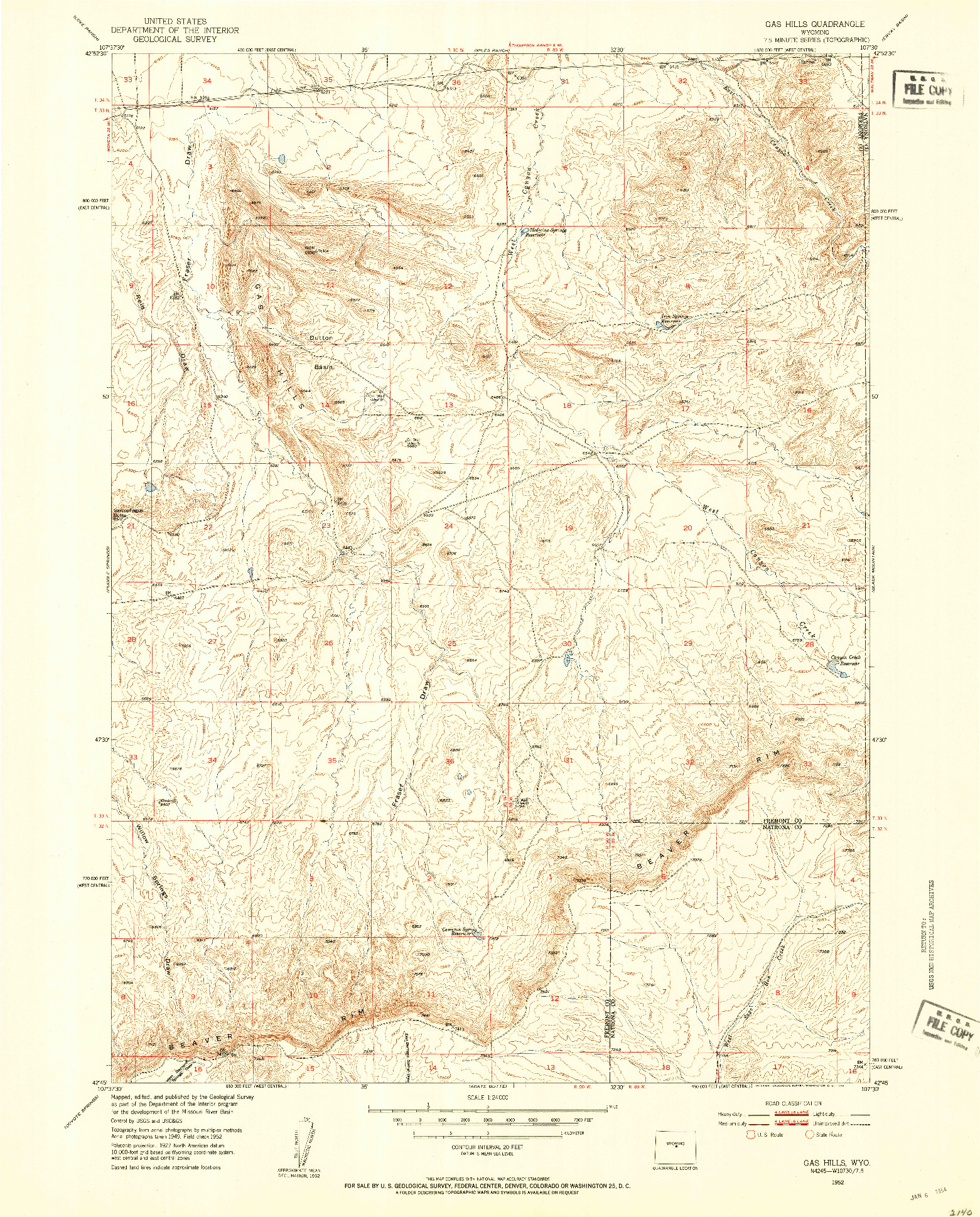 USGS 1:24000-SCALE QUADRANGLE FOR GAS HILLS, WY 1952