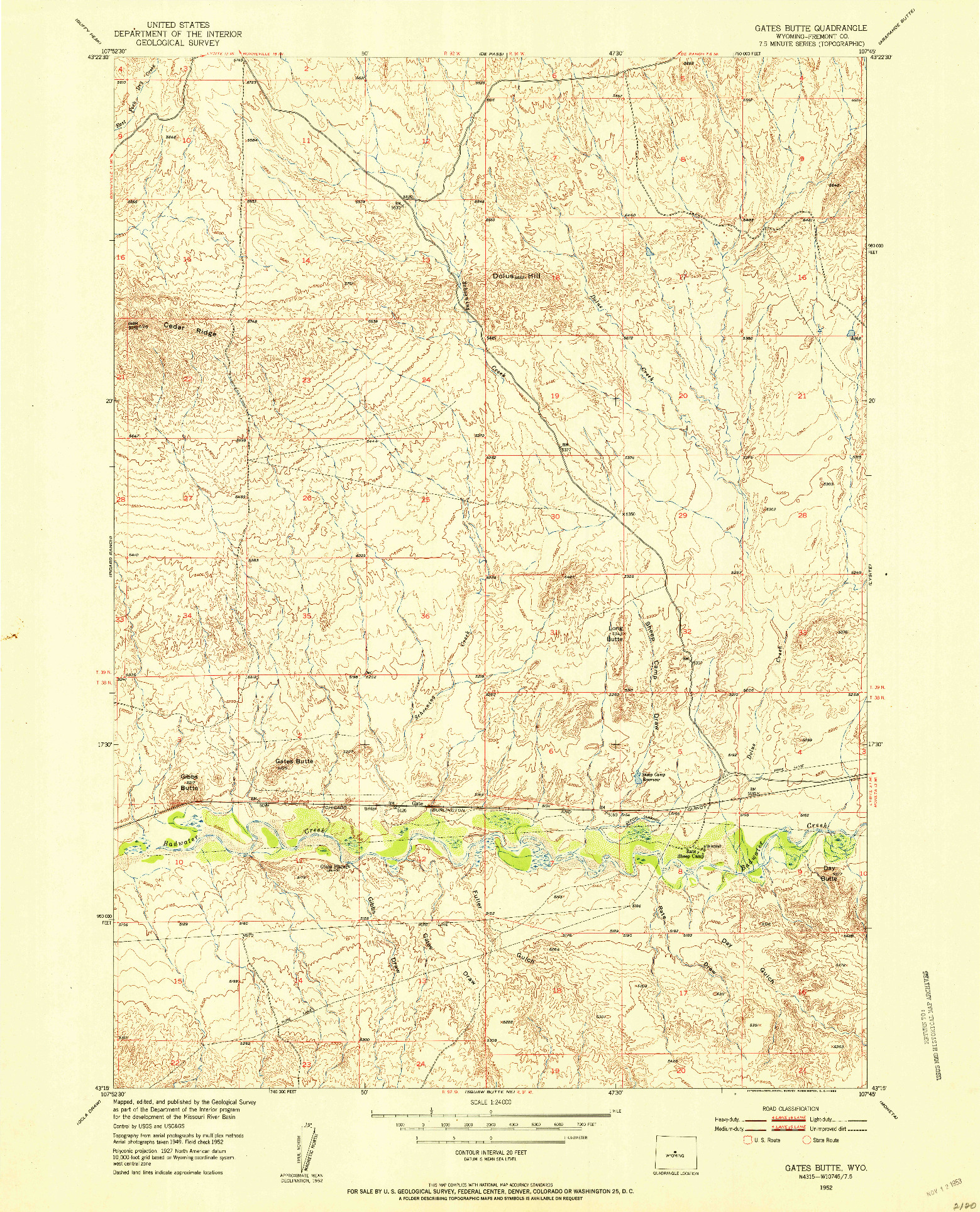 USGS 1:24000-SCALE QUADRANGLE FOR GATES BUTTE, WY 1952