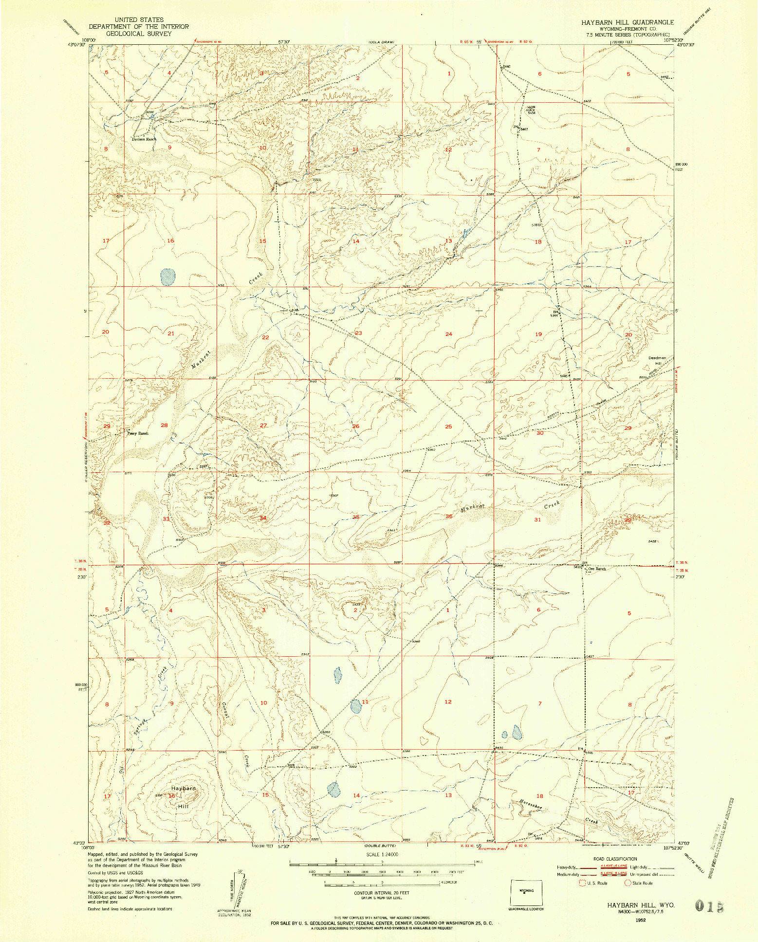 USGS 1:24000-SCALE QUADRANGLE FOR HAYBARN HILL, WY 1952