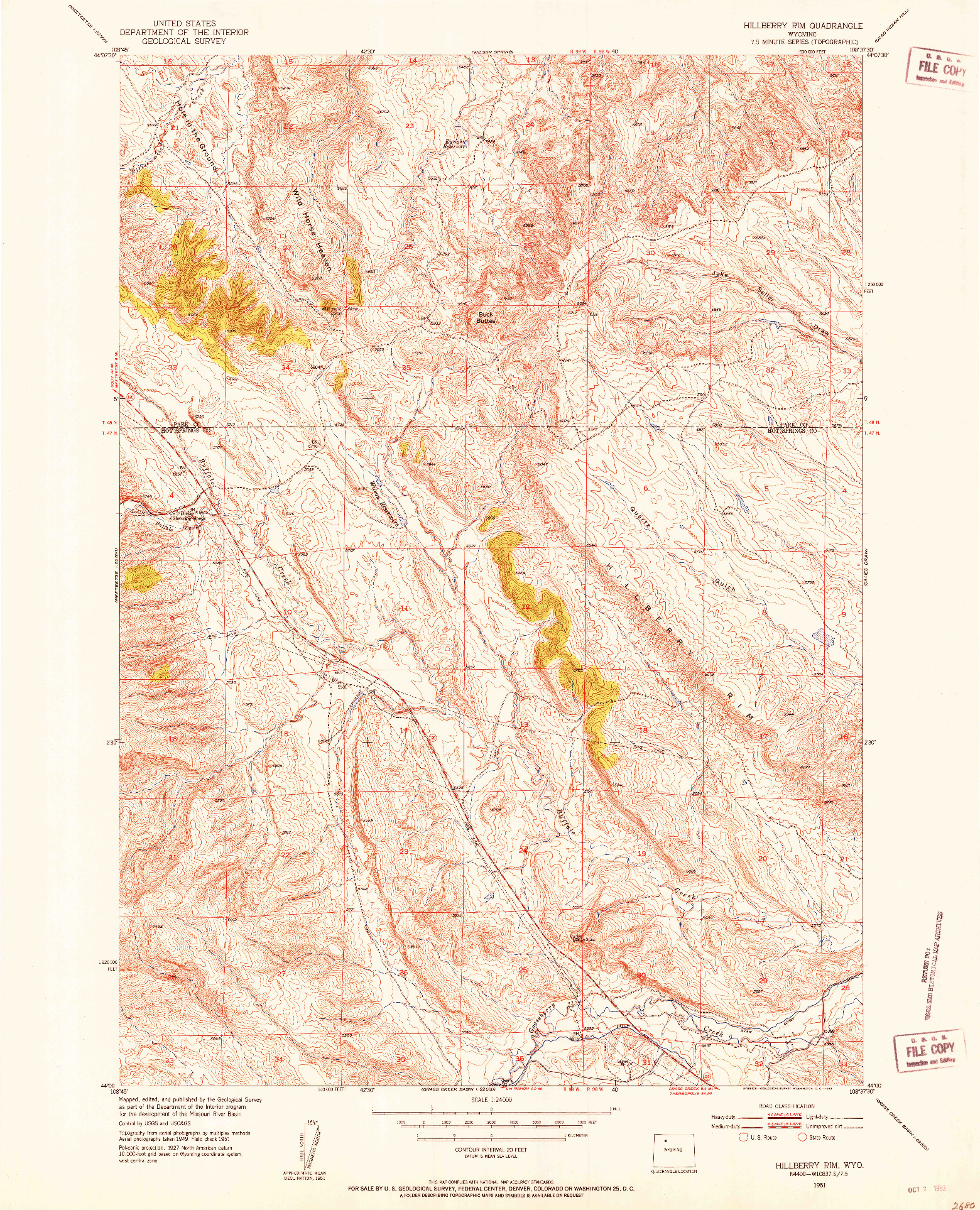 USGS 1:24000-SCALE QUADRANGLE FOR HILLBERRY RIM, WY 1951