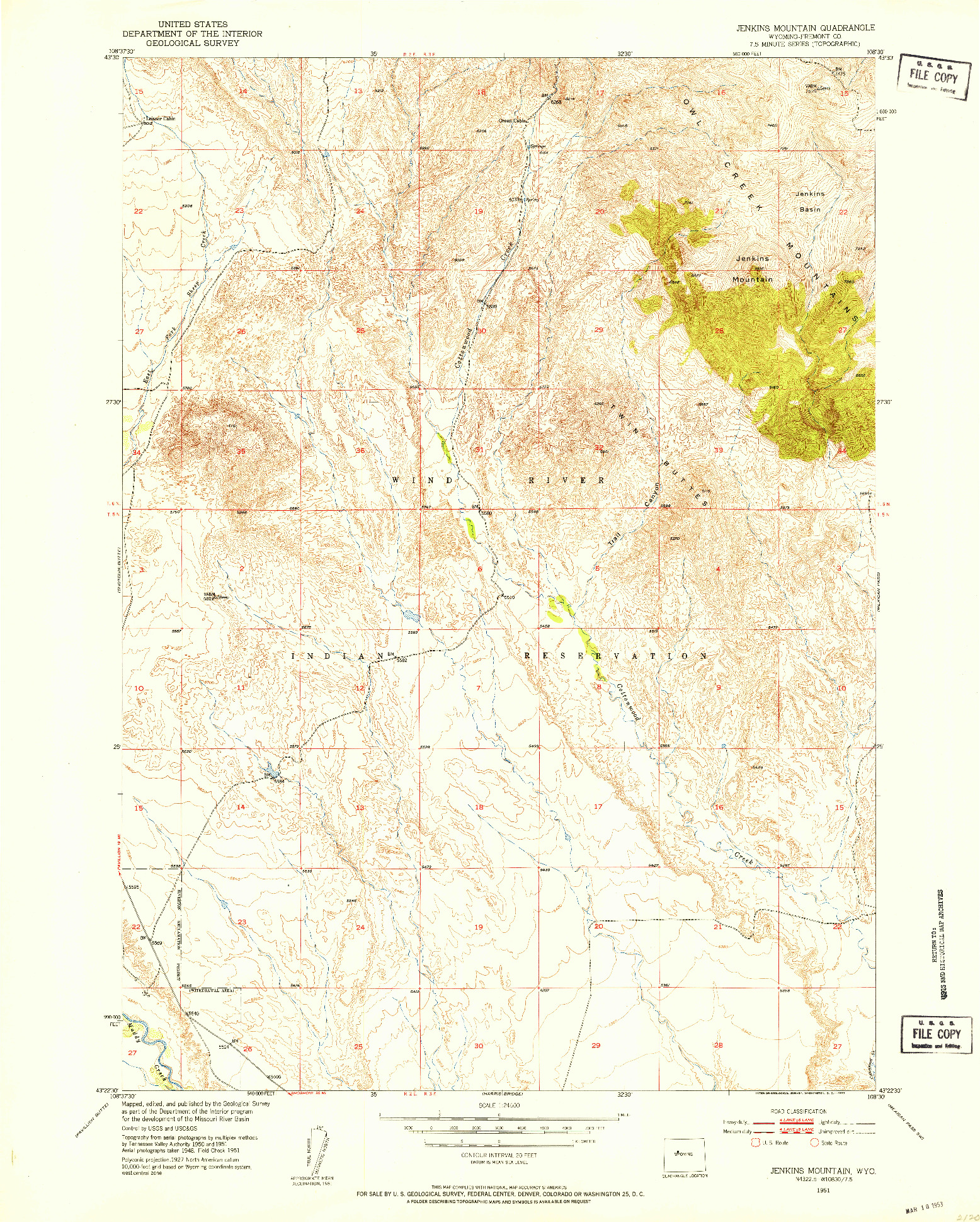 USGS 1:24000-SCALE QUADRANGLE FOR JENKINS MOUNTAIN, WY 1951