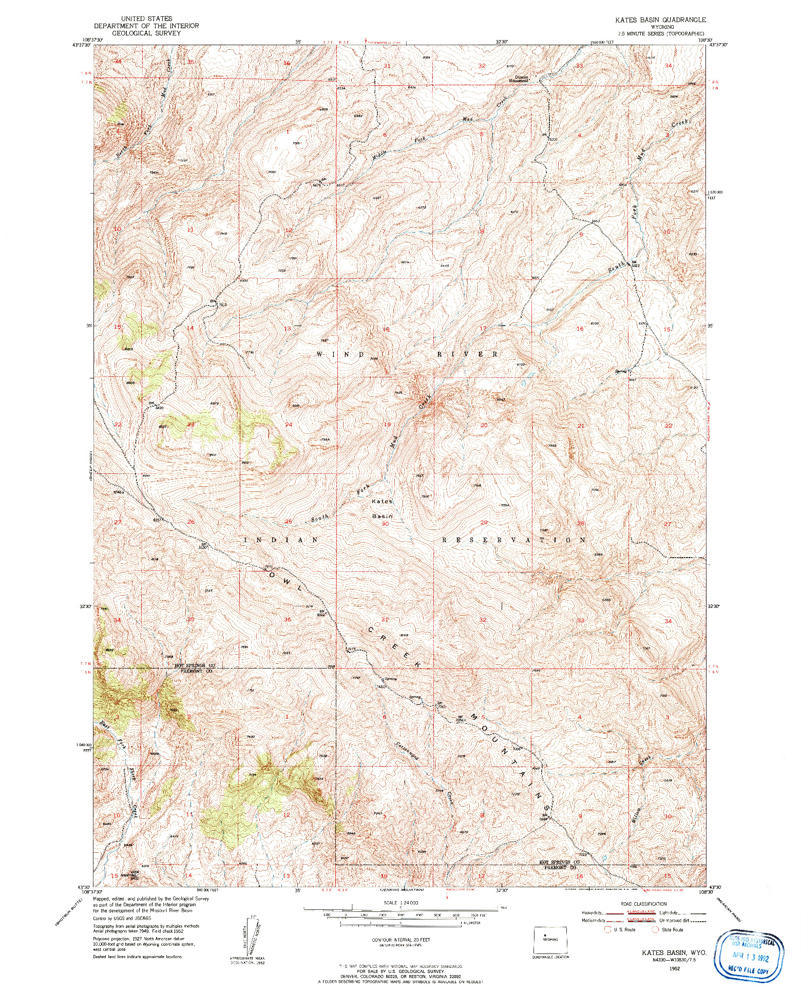 USGS 1:24000-SCALE QUADRANGLE FOR KATES BASIN, WY 1952