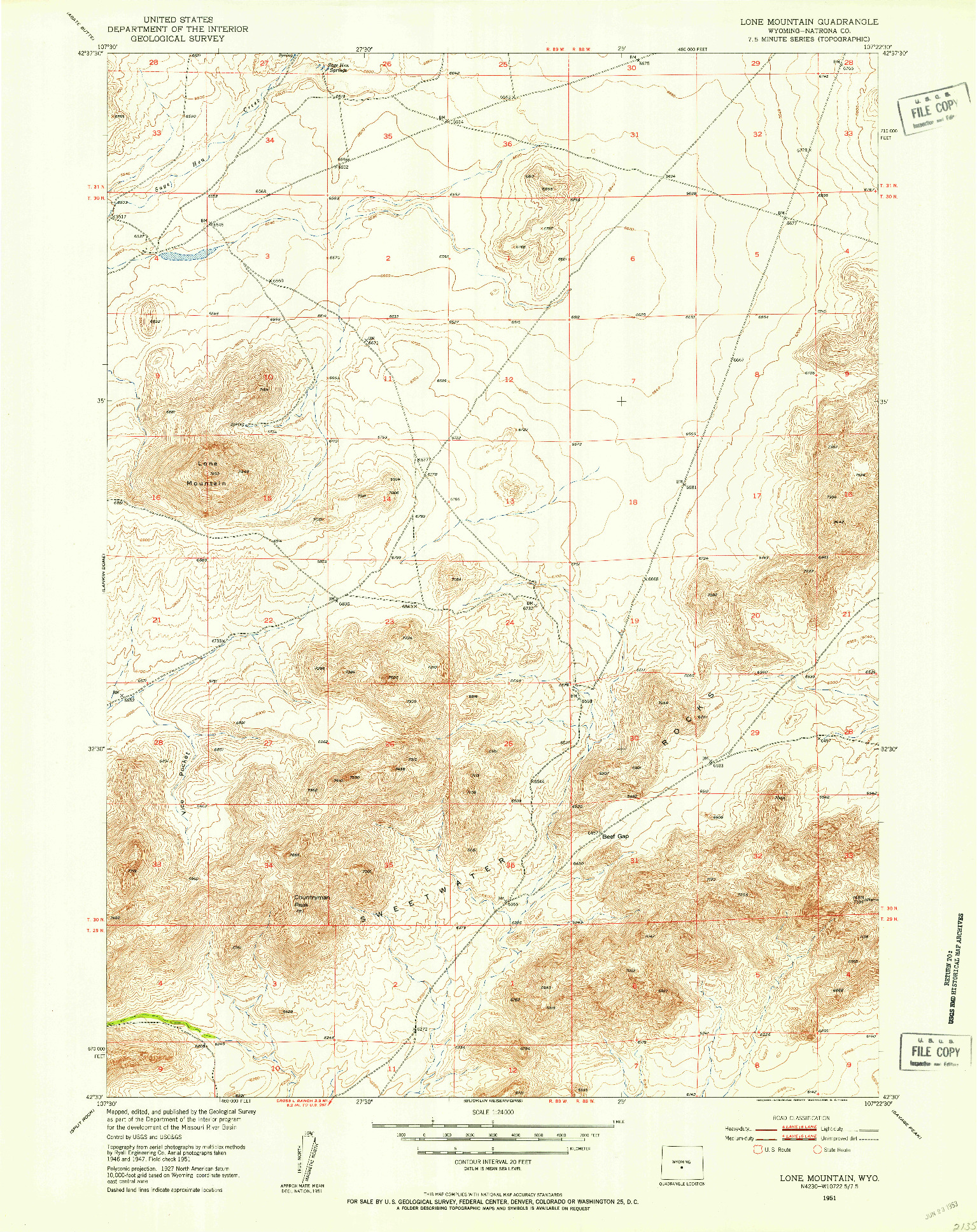 USGS 1:24000-SCALE QUADRANGLE FOR LONE MOUNTAIN, WY 1951