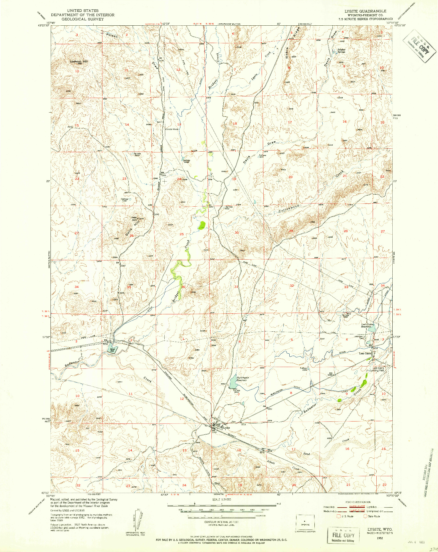 USGS 1:24000-SCALE QUADRANGLE FOR LYSITE, WY 1952