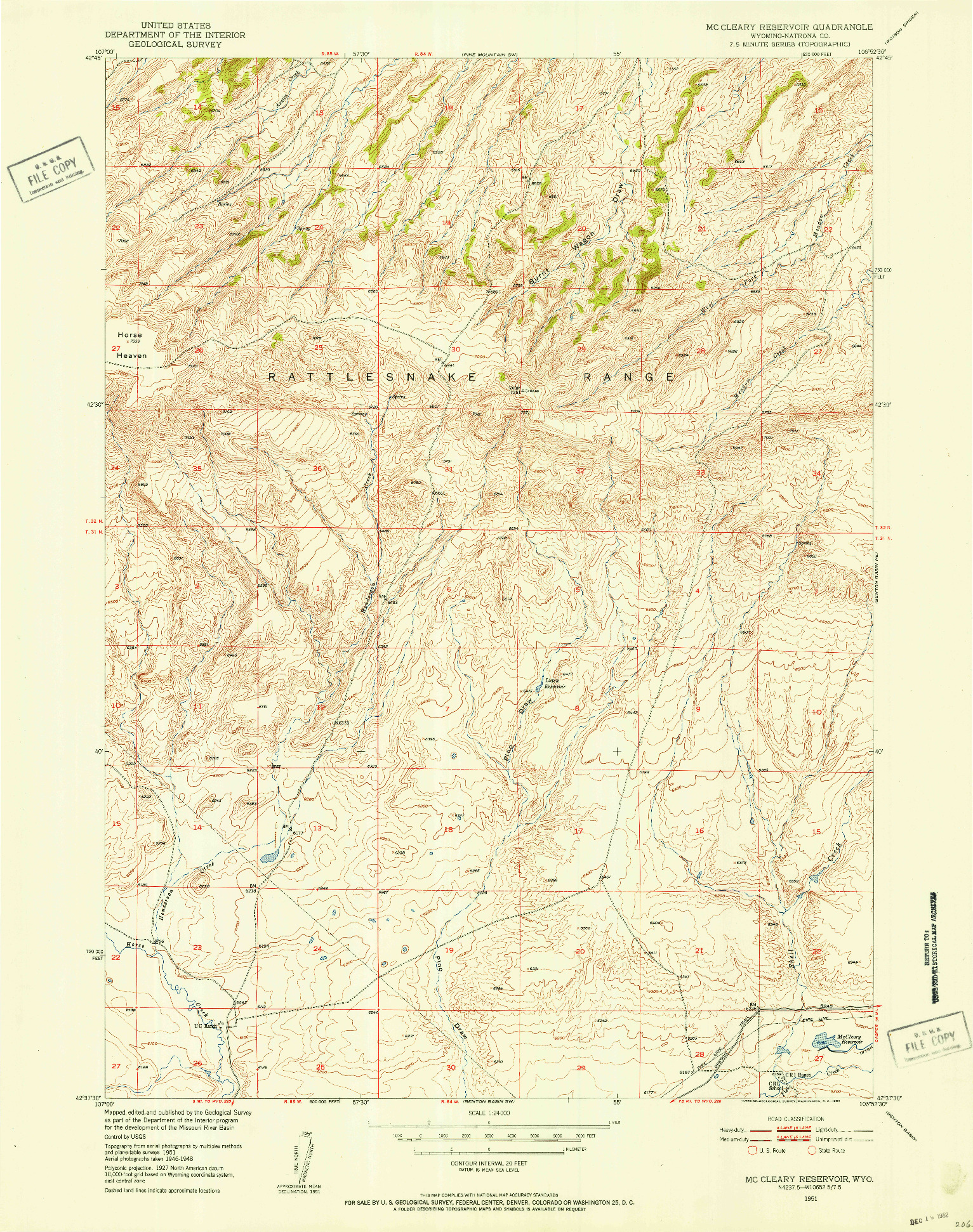 USGS 1:24000-SCALE QUADRANGLE FOR MC CLEARY RESERVOIR, WY 1951