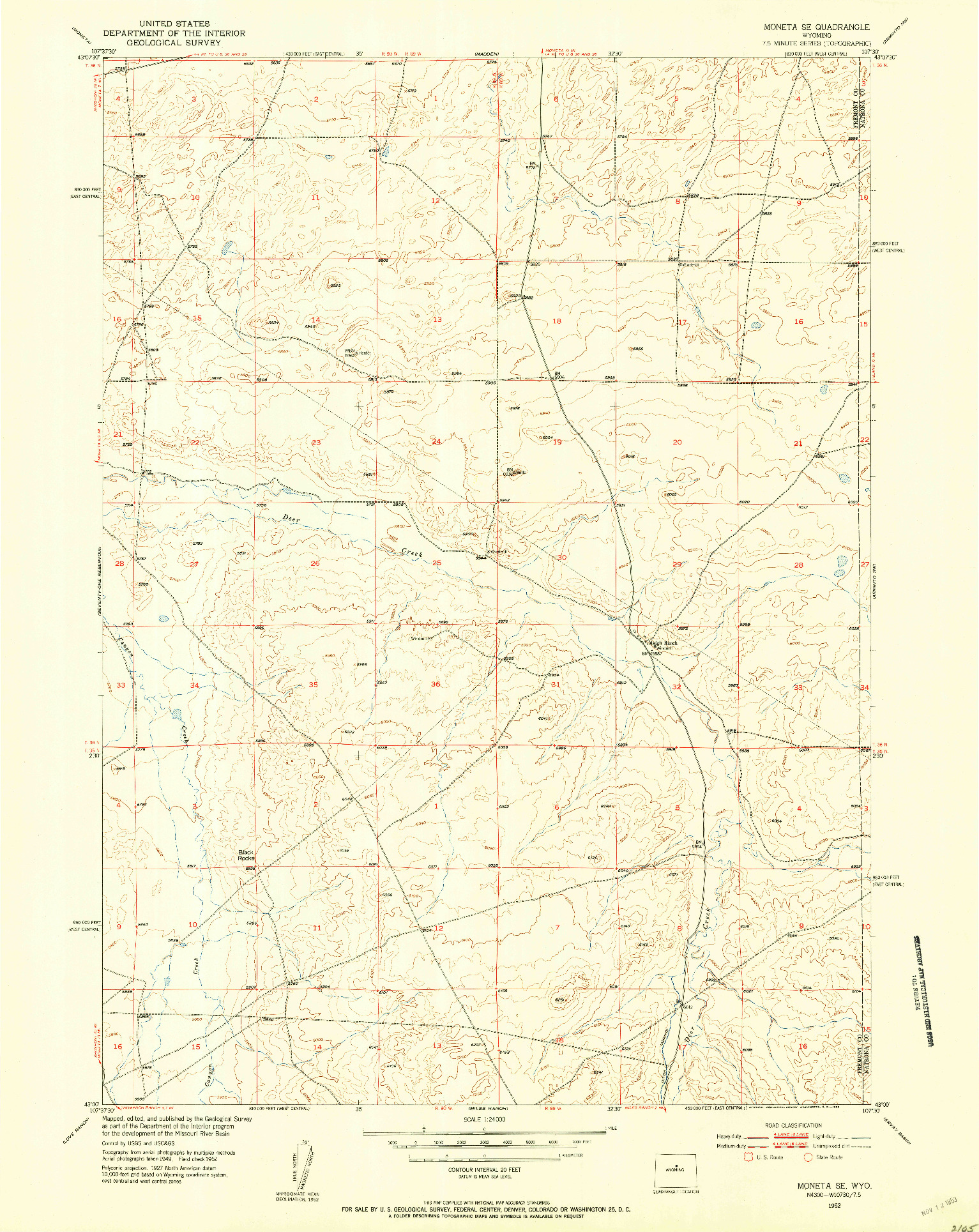 USGS 1:24000-SCALE QUADRANGLE FOR MONETA SE, WY 1952