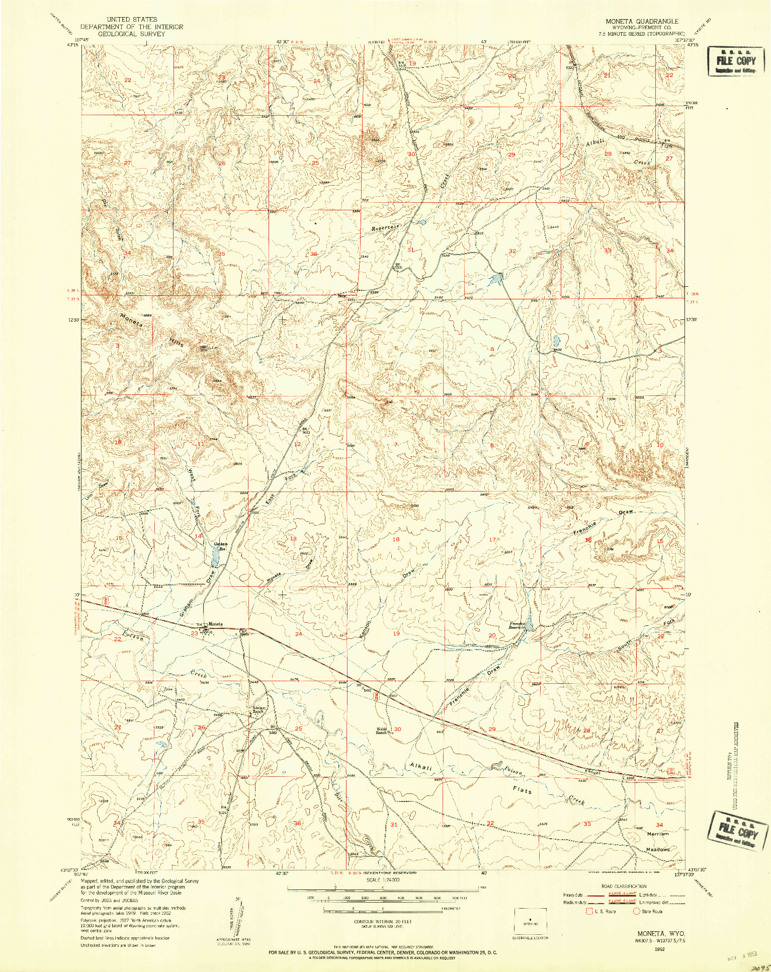 USGS 1:24000-SCALE QUADRANGLE FOR MONETA, WY 1952