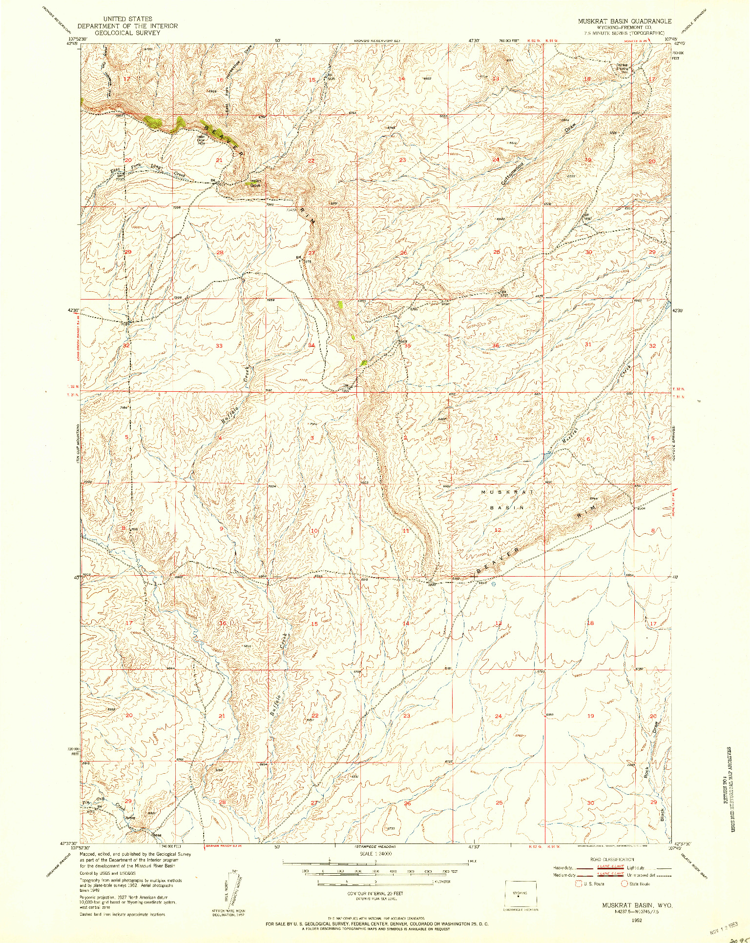 USGS 1:24000-SCALE QUADRANGLE FOR MUSKRAT BASIN, WY 1952