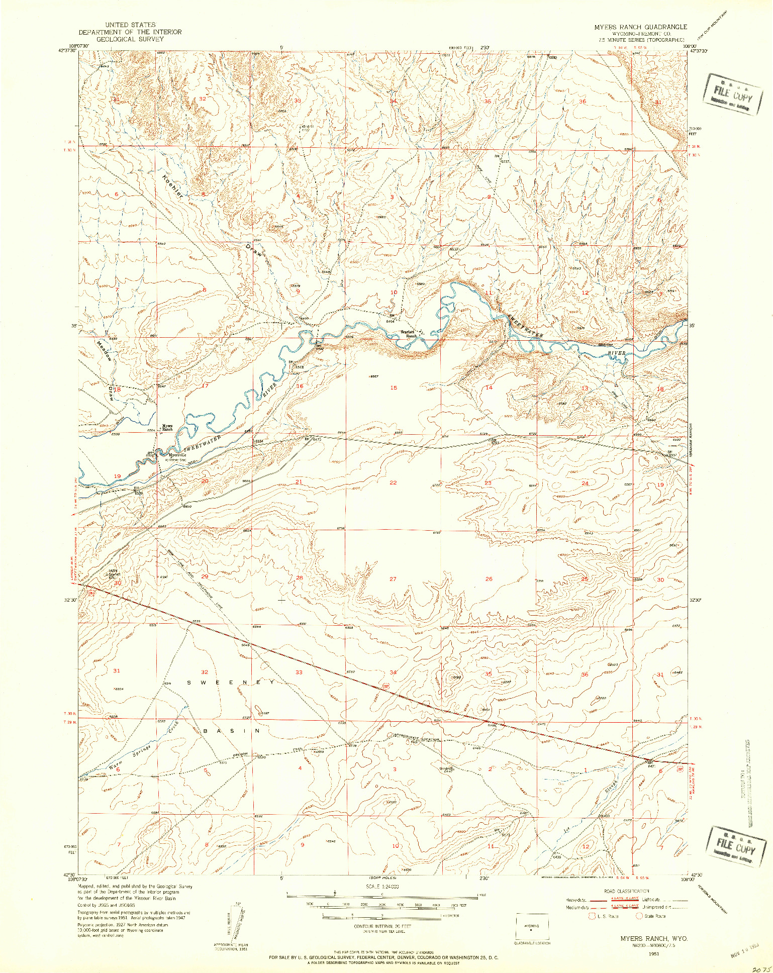 USGS 1:24000-SCALE QUADRANGLE FOR MYERS RANCH, WY 1951