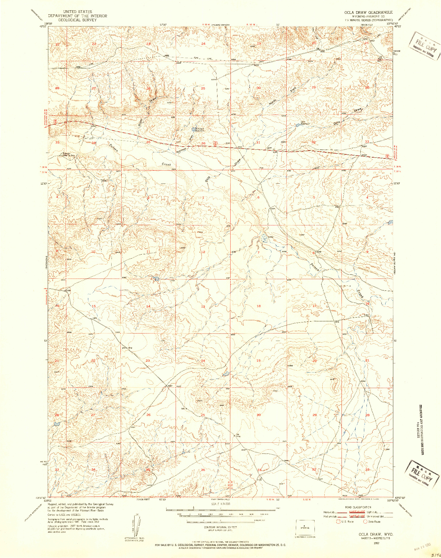 USGS 1:24000-SCALE QUADRANGLE FOR OCLA DRAW, WY 1952