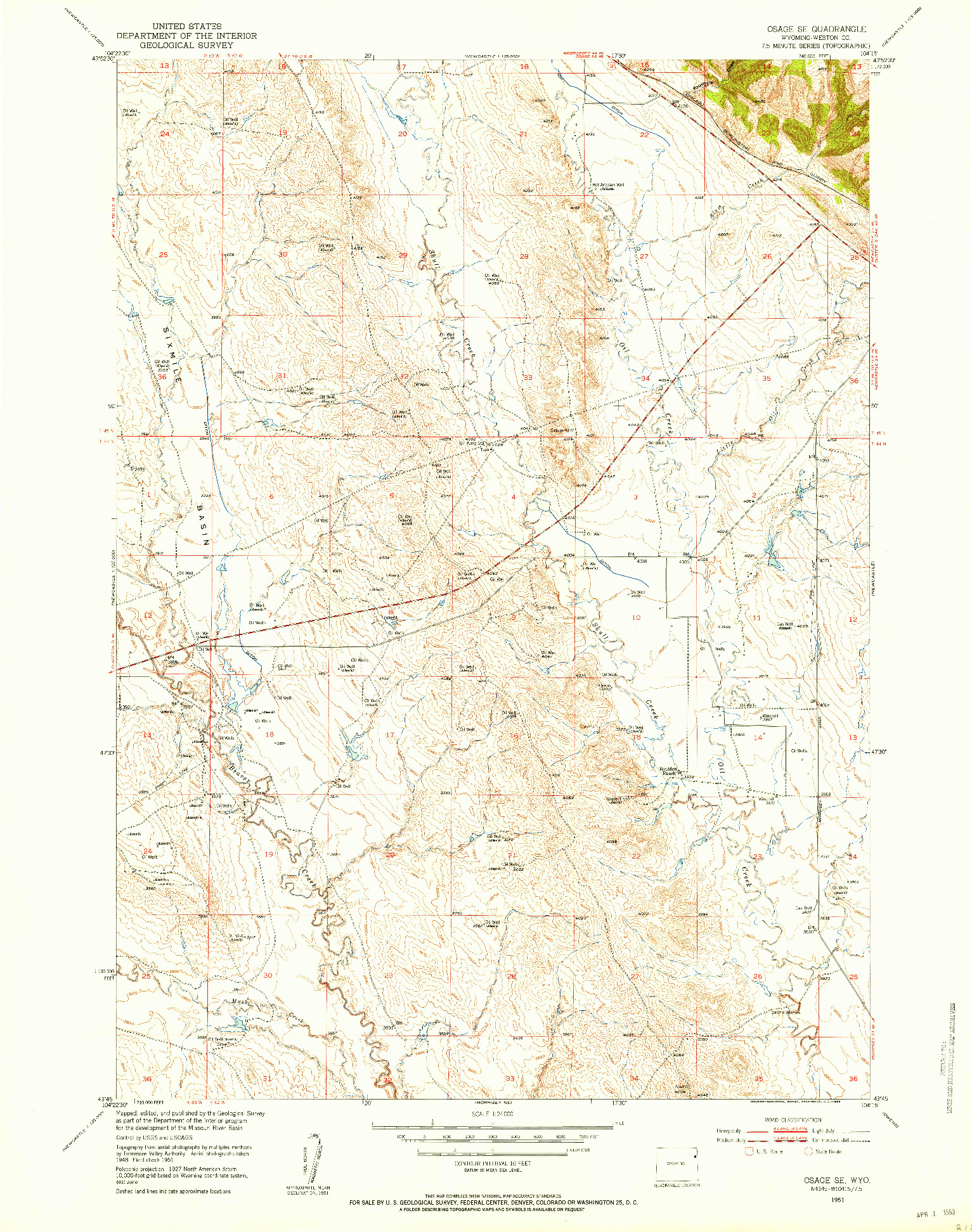 USGS 1:24000-SCALE QUADRANGLE FOR OSAGE SE, WY 1951