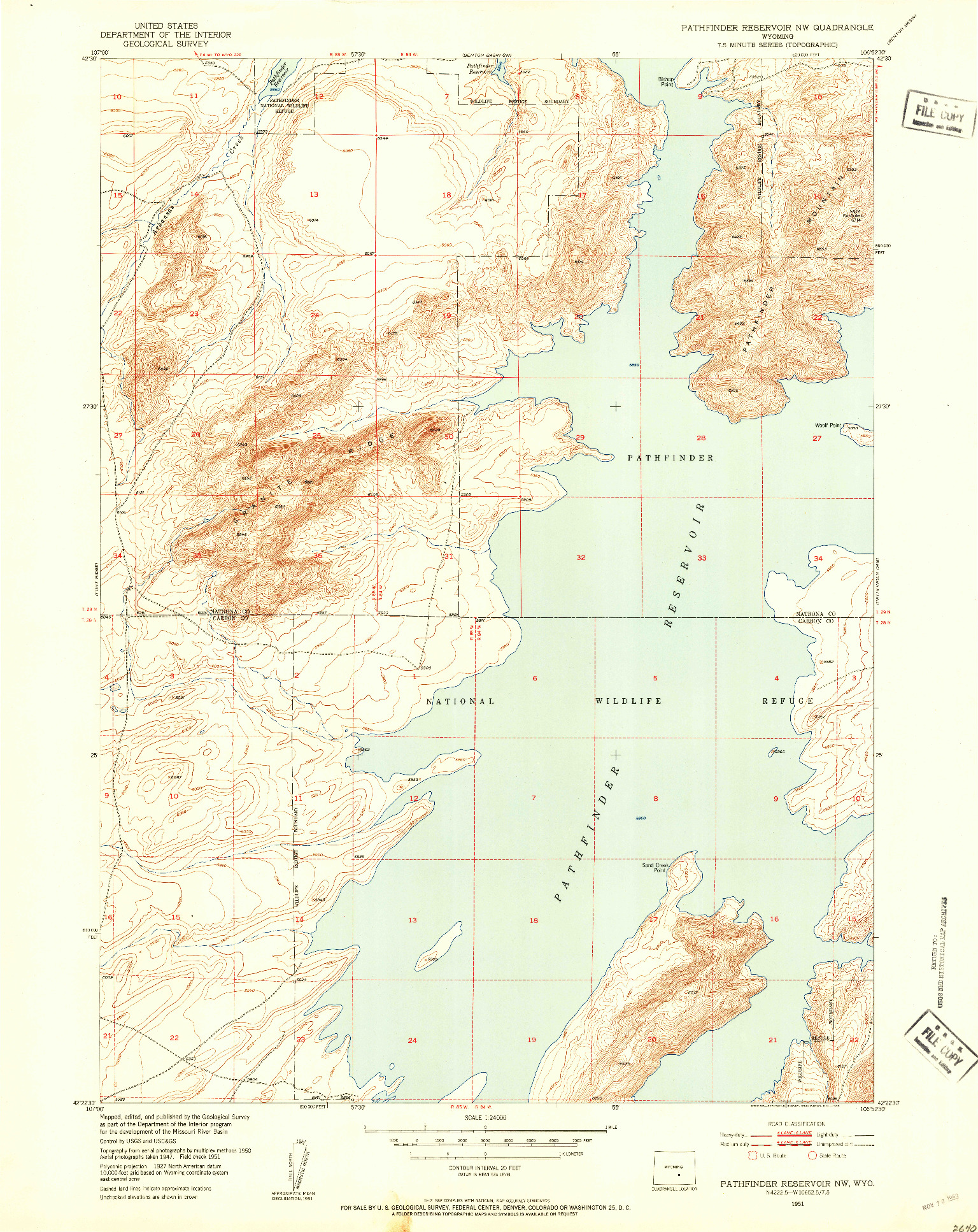 USGS 1:24000-SCALE QUADRANGLE FOR PATHFINDER RESERVOIR NW, WY 1951