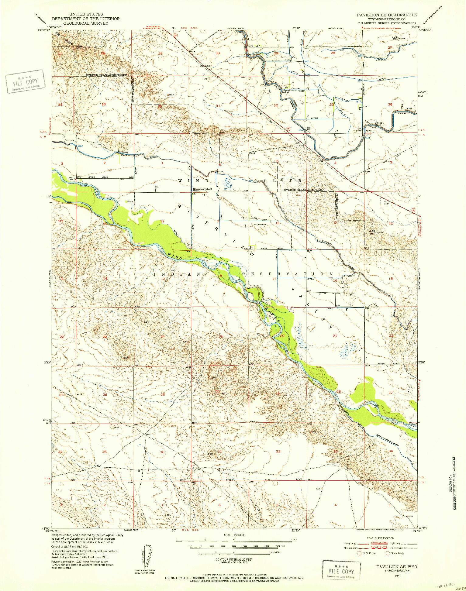 USGS 1:24000-SCALE QUADRANGLE FOR PAVILLION SE, WY 1951