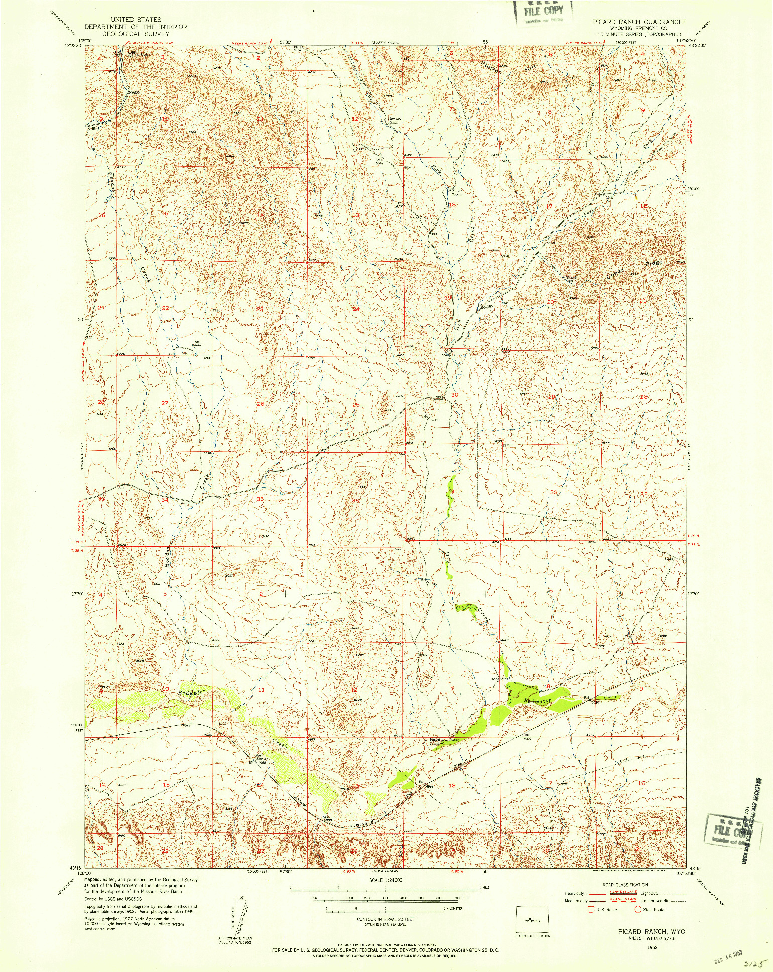 USGS 1:24000-SCALE QUADRANGLE FOR PICARD RANCH, WY 1952
