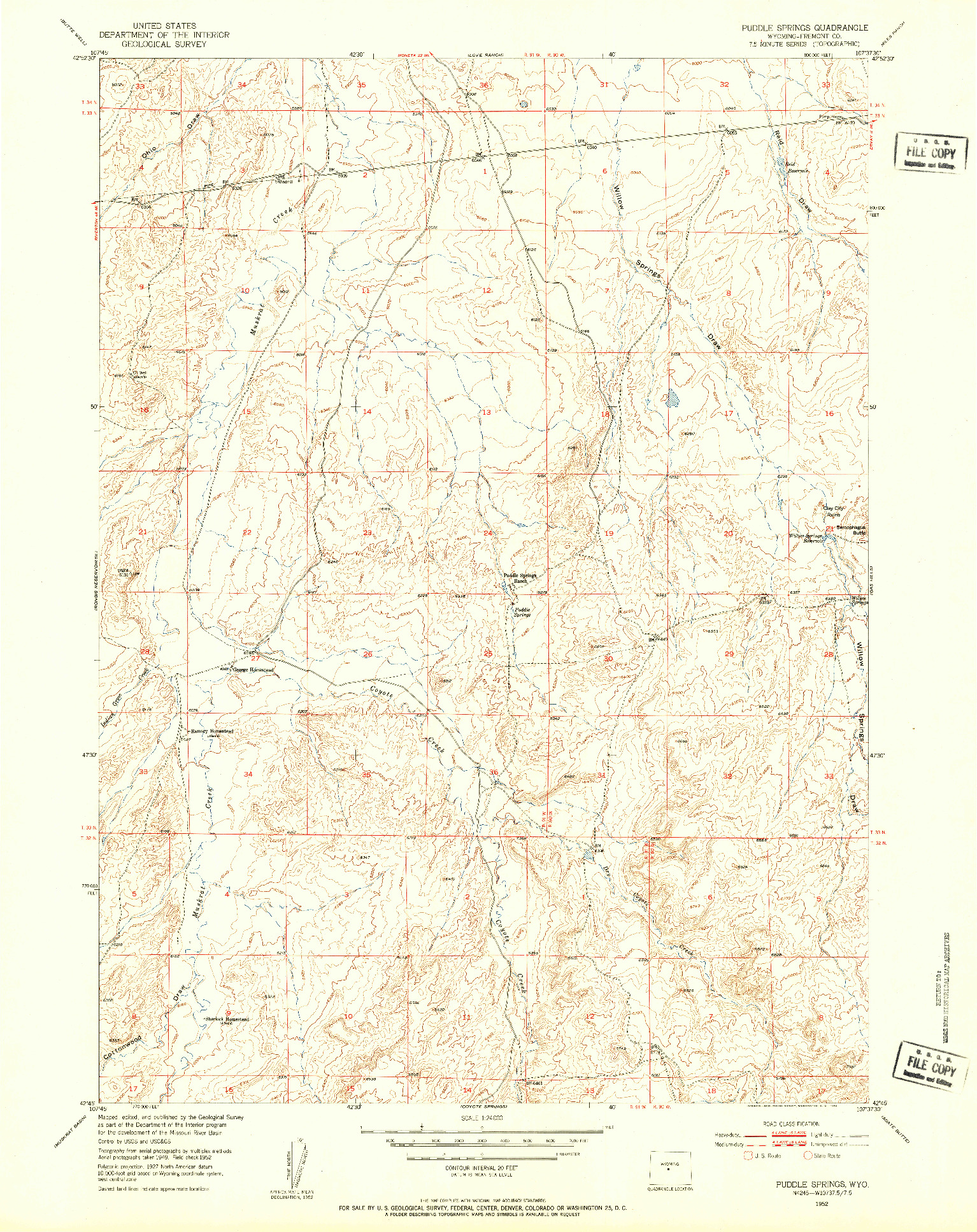 USGS 1:24000-SCALE QUADRANGLE FOR PUDDLE SPRINGS, WY 1952