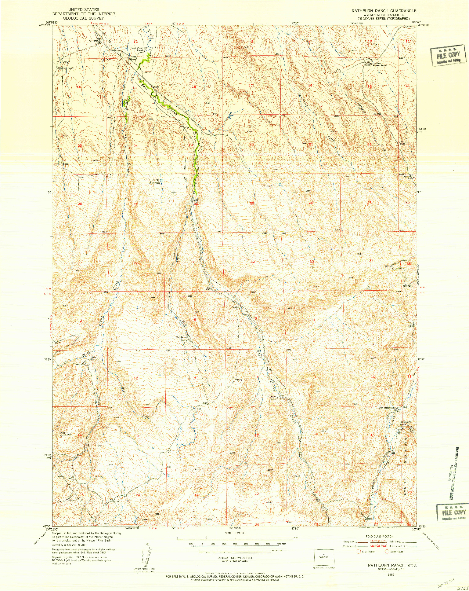 USGS 1:24000-SCALE QUADRANGLE FOR RATHBUN RANCH, WY 1952