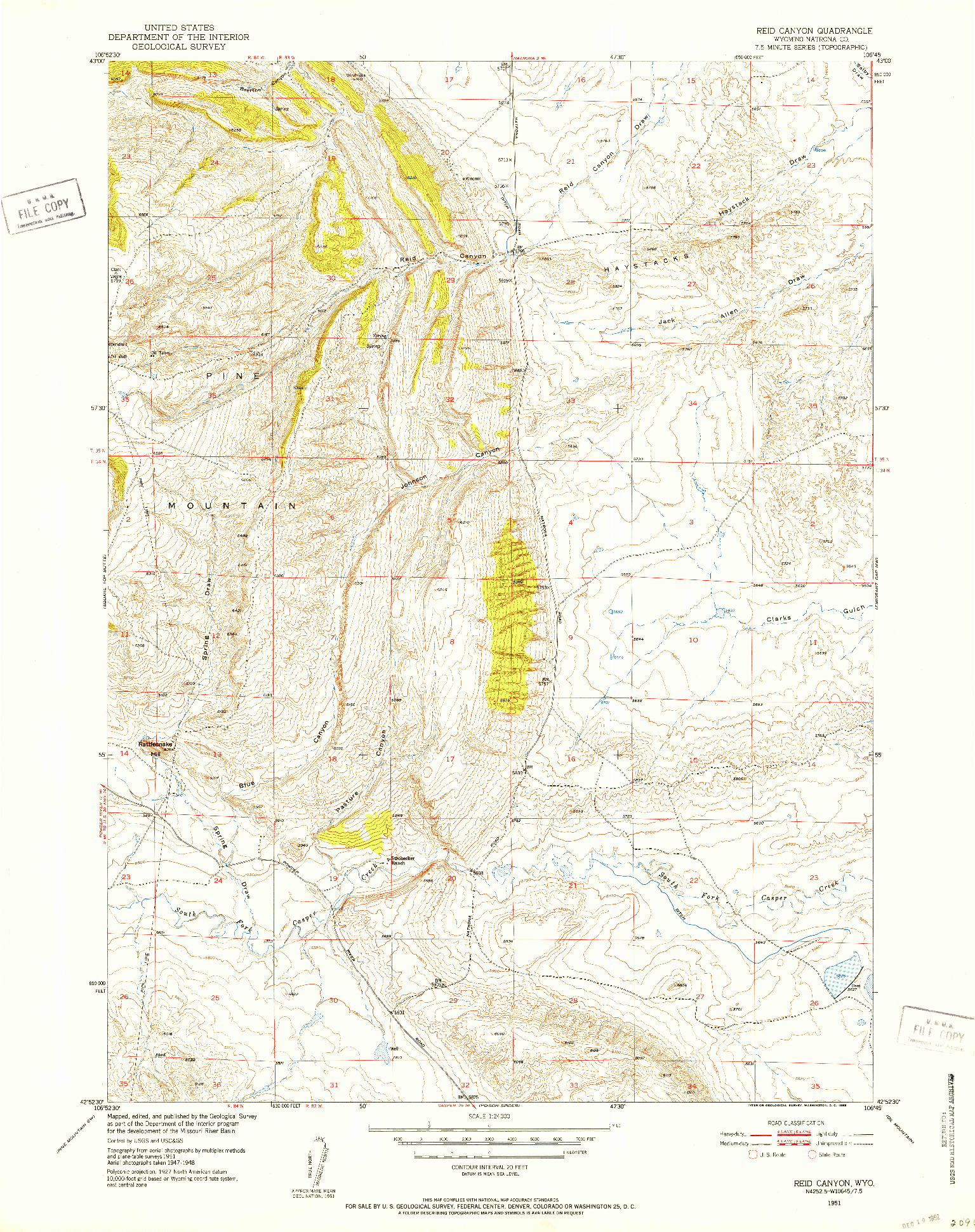 USGS 1:24000-SCALE QUADRANGLE FOR REID CANYON, WY 1951