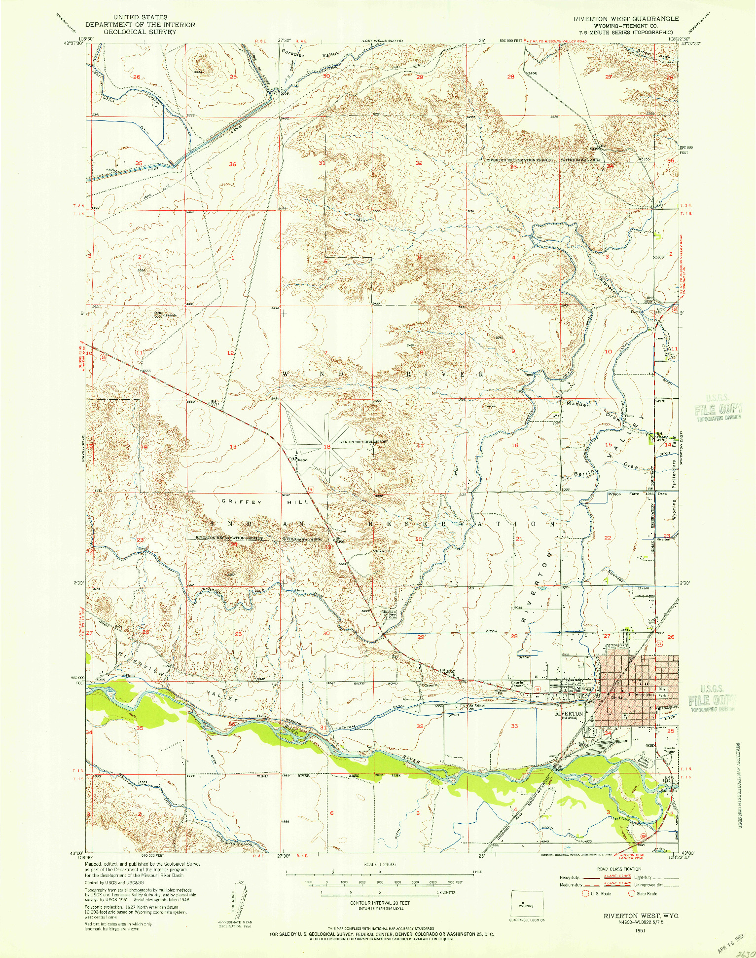 USGS 1:24000-SCALE QUADRANGLE FOR RIVERTON WEST, WY 1951