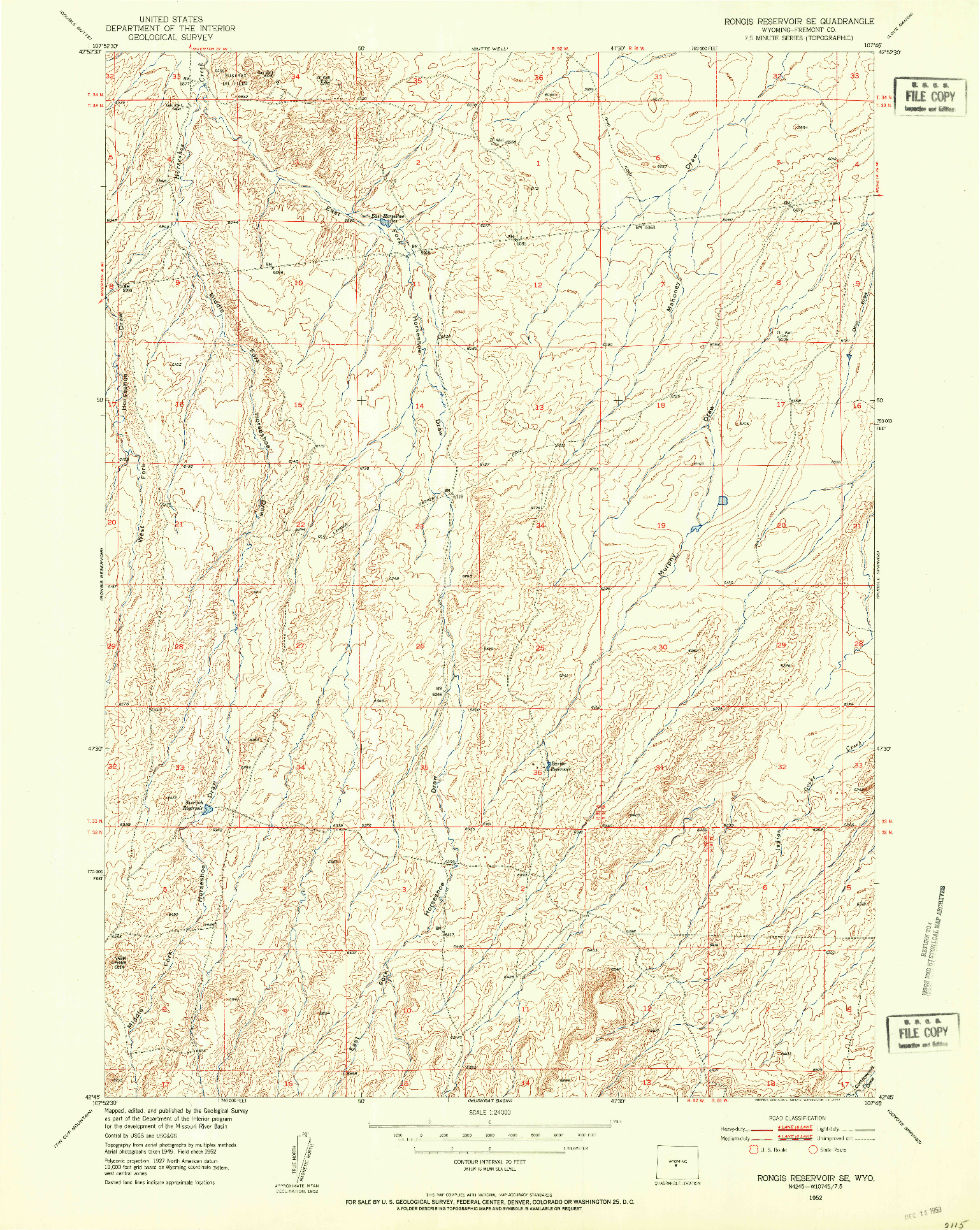 USGS 1:24000-SCALE QUADRANGLE FOR RONGIS RESERVOIR SE, WY 1952