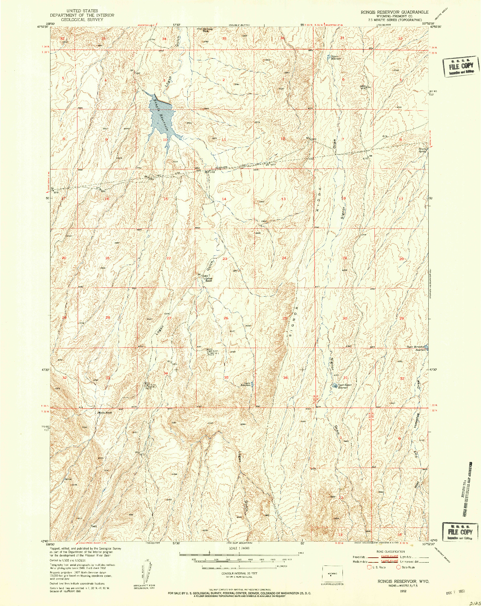 USGS 1:24000-SCALE QUADRANGLE FOR RONGIS RESERVOIR, WY 1952