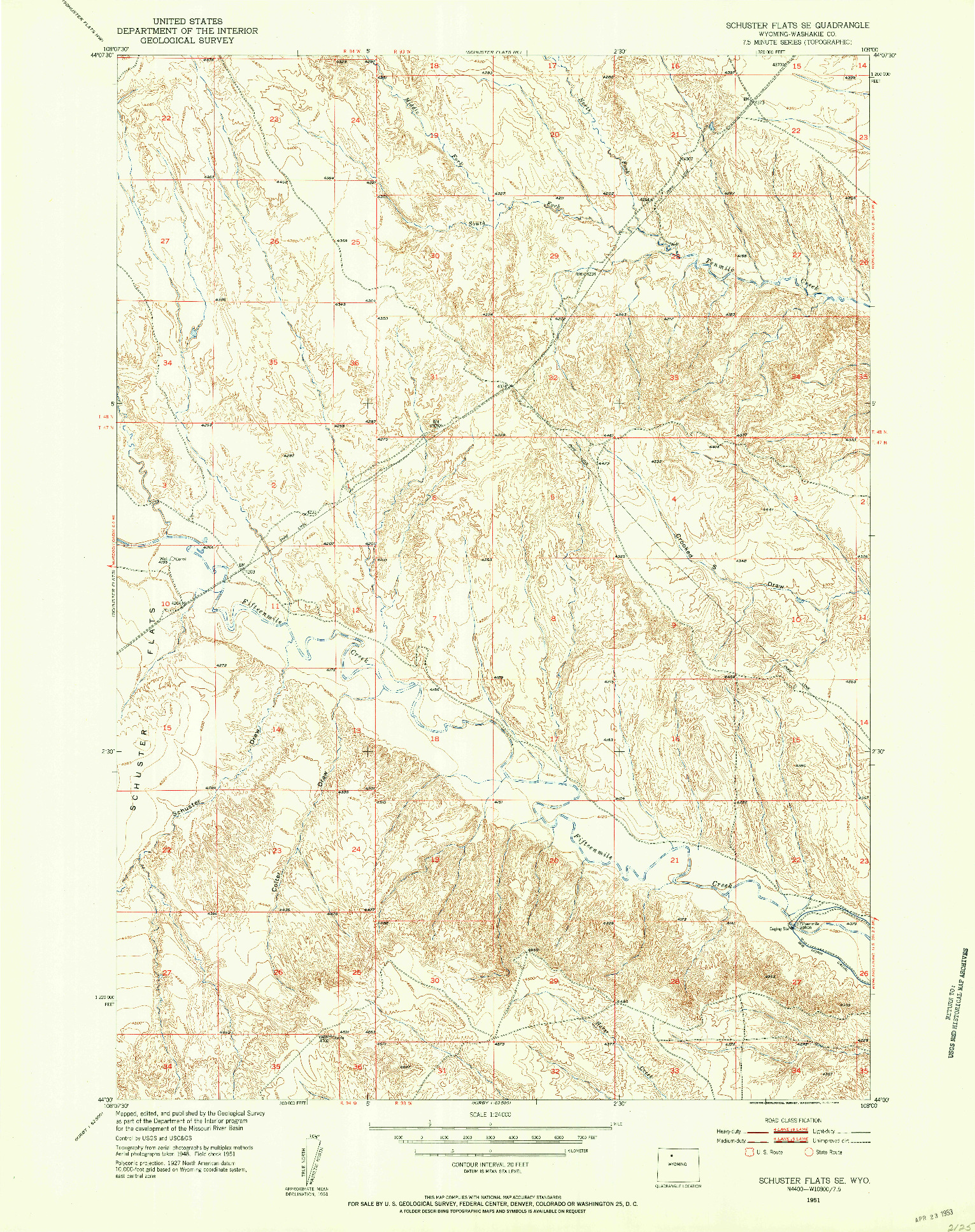 USGS 1:24000-SCALE QUADRANGLE FOR SCHUSTER FLATS SE, WY 1951