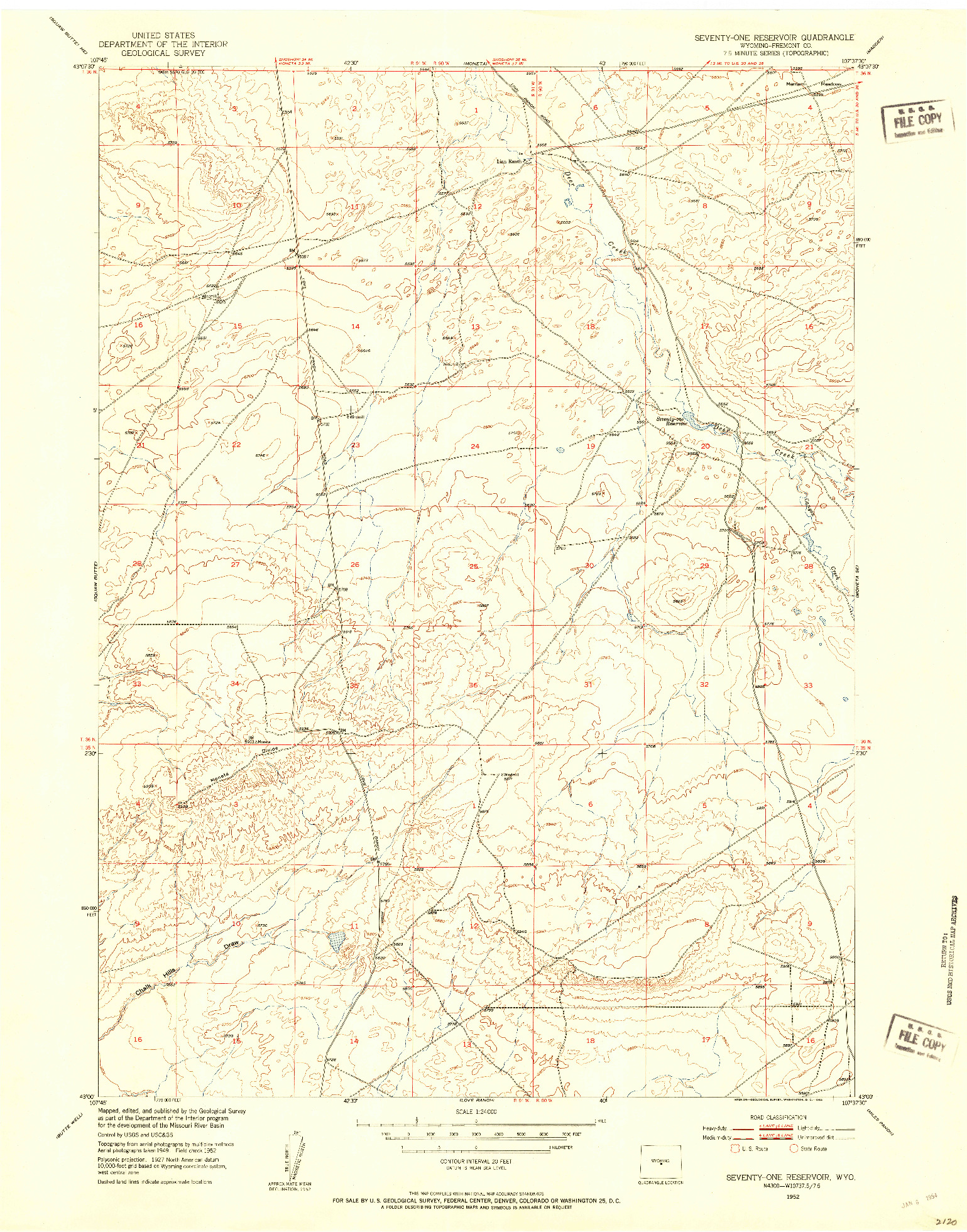 USGS 1:24000-SCALE QUADRANGLE FOR SEVENTY-ONE RESERVOIR, WY 1952