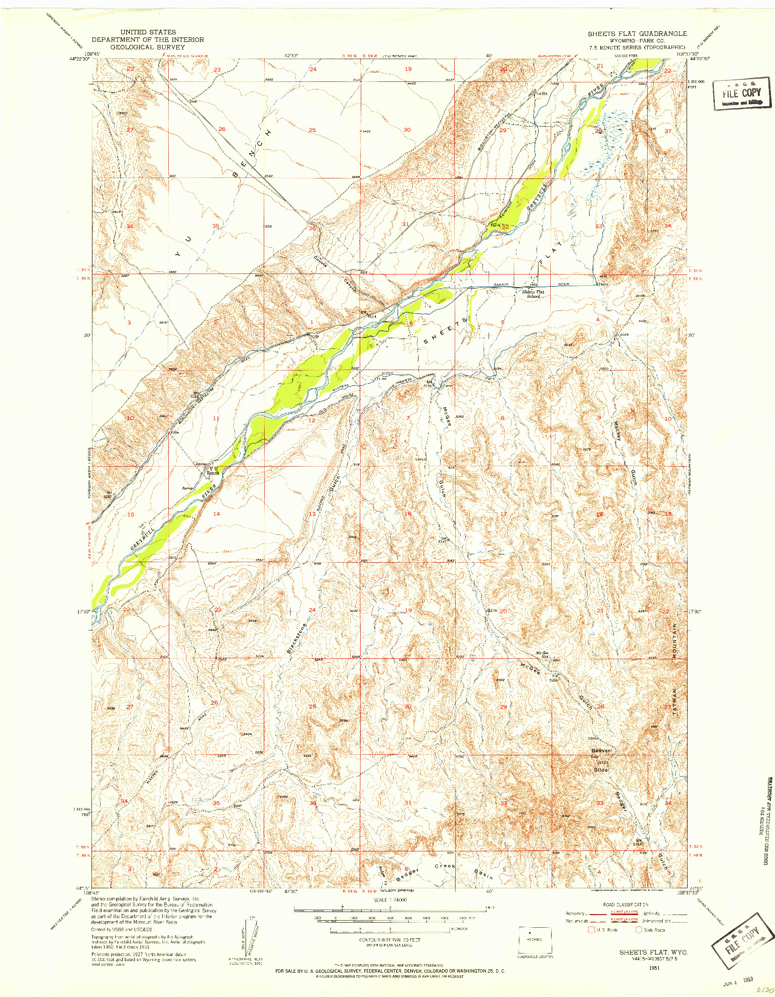 USGS 1:24000-SCALE QUADRANGLE FOR SHEETS FLAT, WY 1951