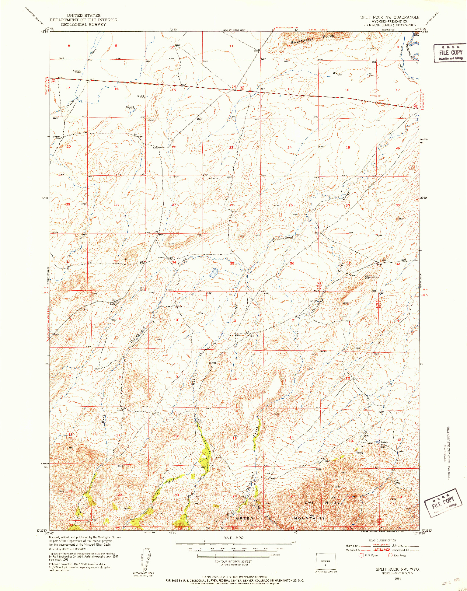 USGS 1:24000-SCALE QUADRANGLE FOR SPLIT ROCK NW, WY 1951