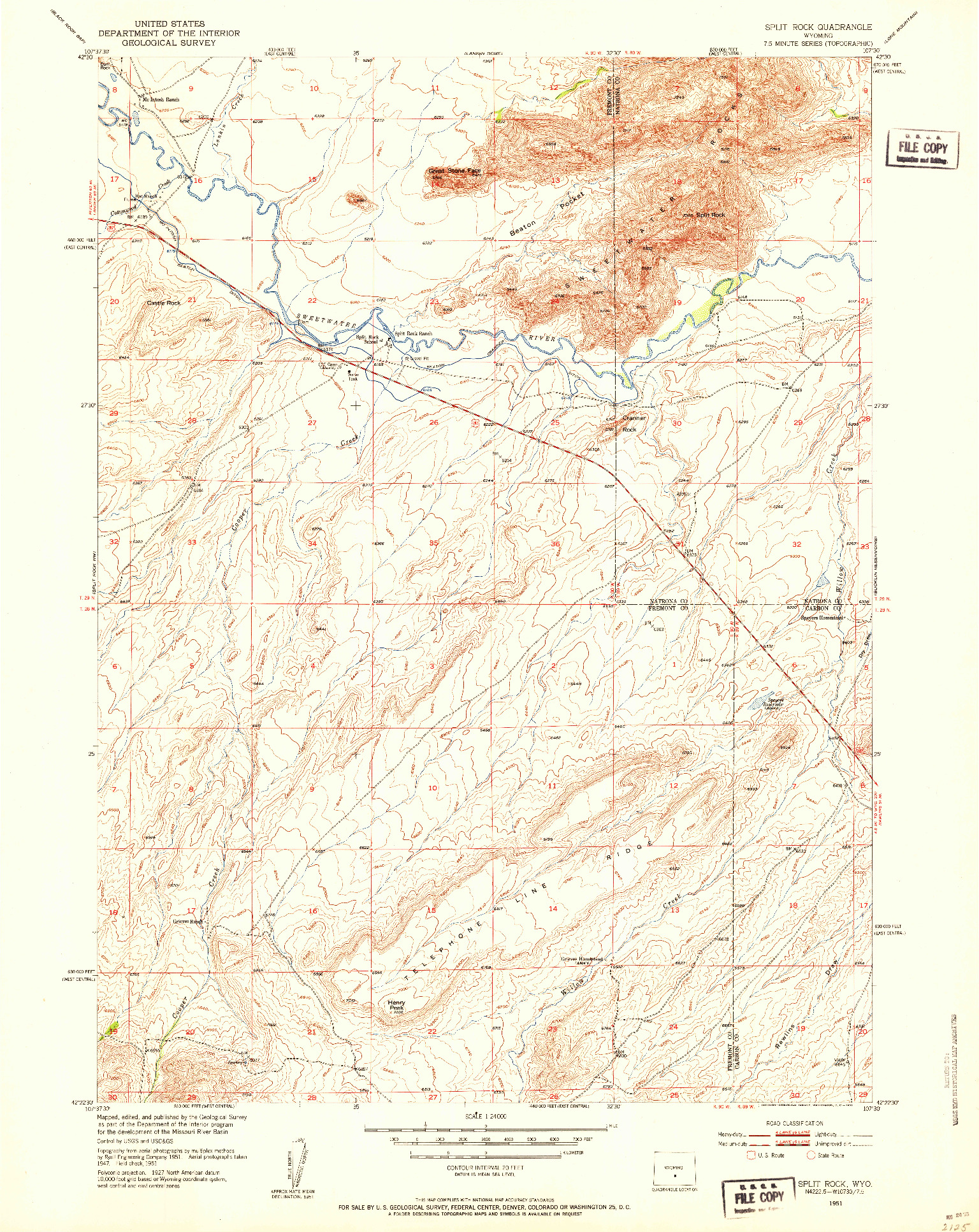 USGS 1:24000-SCALE QUADRANGLE FOR SPLIT ROCK, WY 1951