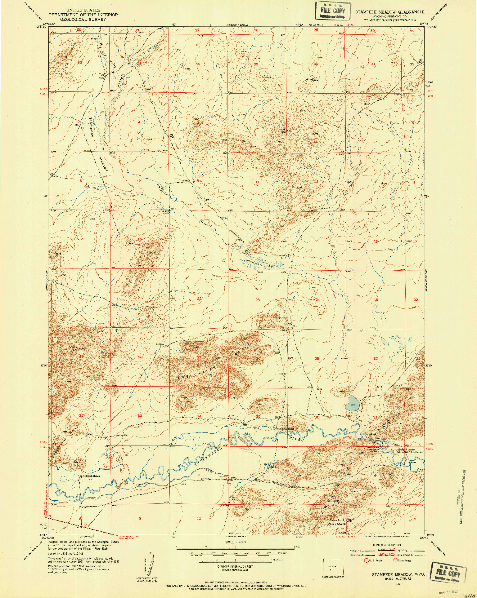 USGS 1:24000-SCALE QUADRANGLE FOR STAMPEDE MEADOW, WY 1951