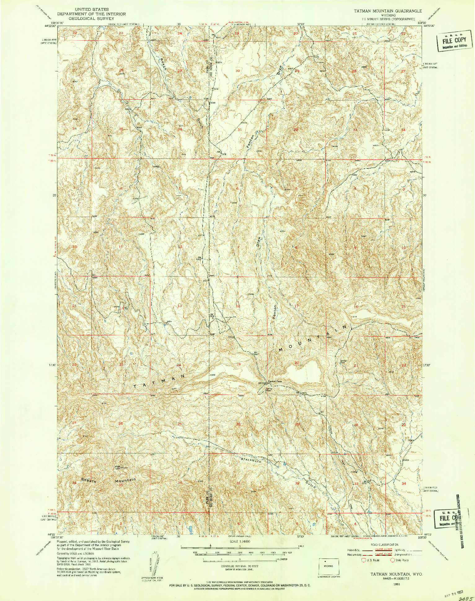 USGS 1:24000-SCALE QUADRANGLE FOR TATMAN MOUNTAIN, WY 1951