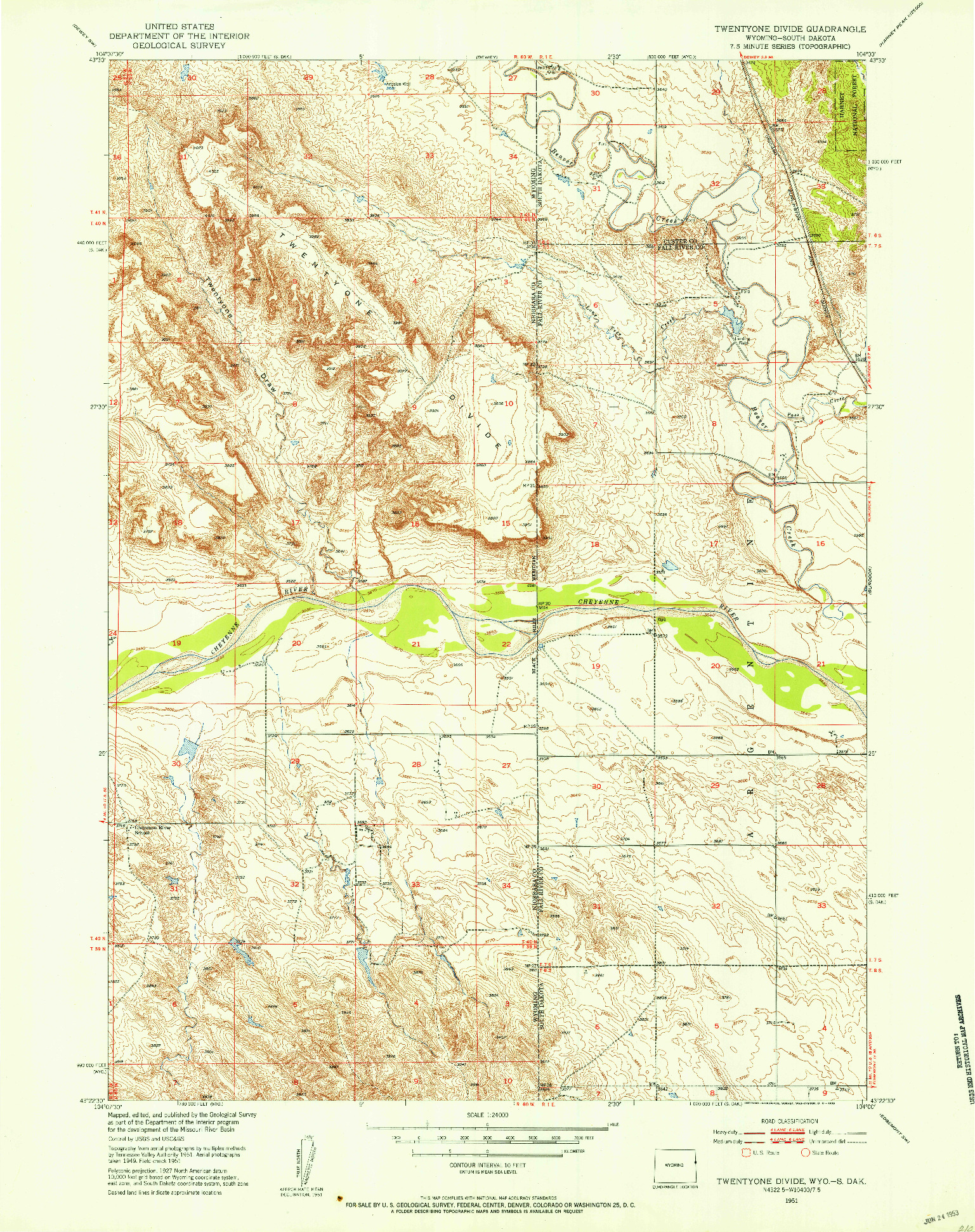USGS 1:24000-SCALE QUADRANGLE FOR TWENTYONE DIVIDE, WY 1951