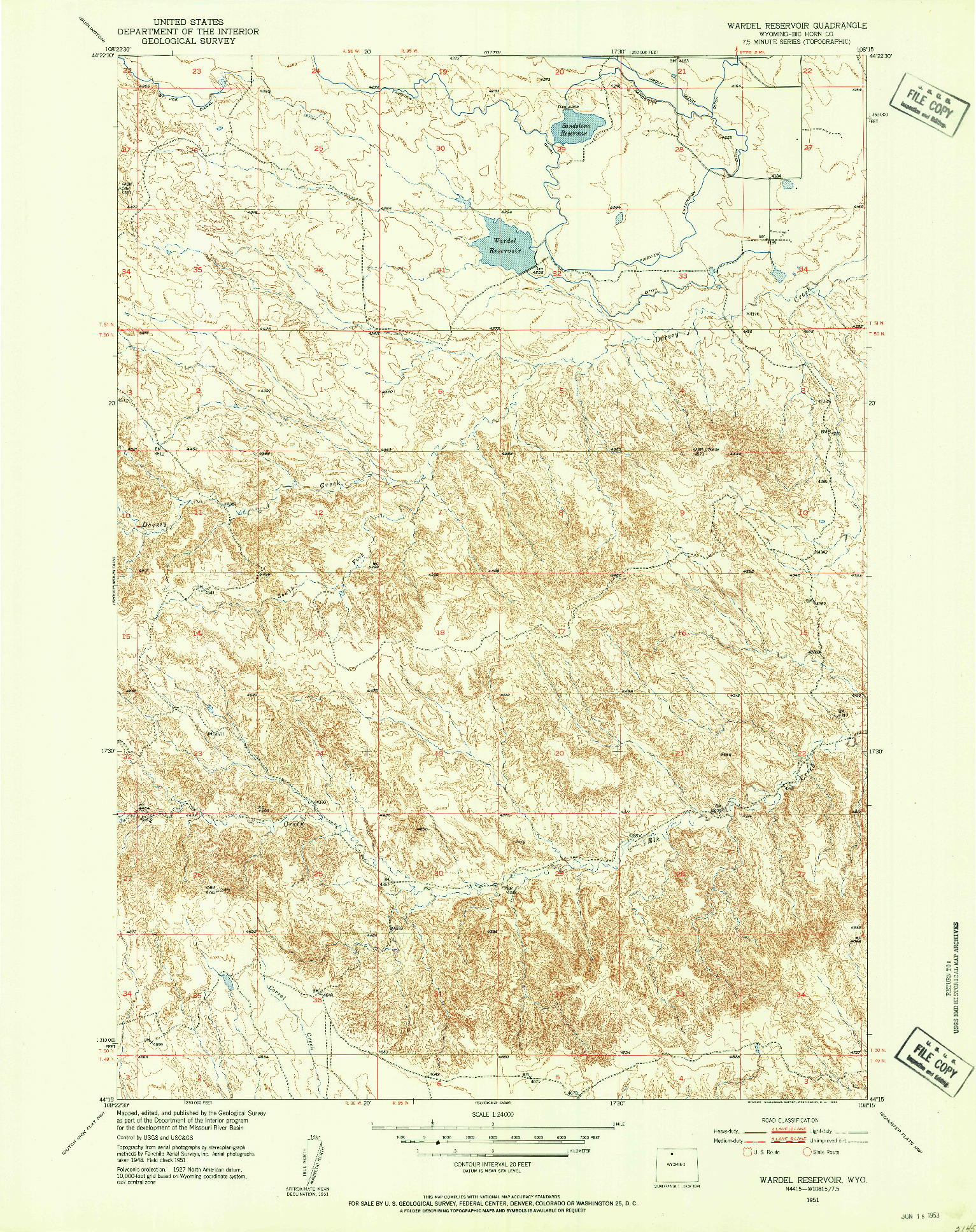 USGS 1:24000-SCALE QUADRANGLE FOR WARDEL RESERVOIR, WY 1951