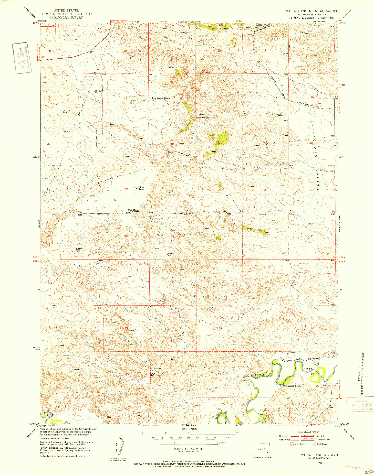 USGS 1:24000-SCALE QUADRANGLE FOR WHEATLAND NE, WY 1951