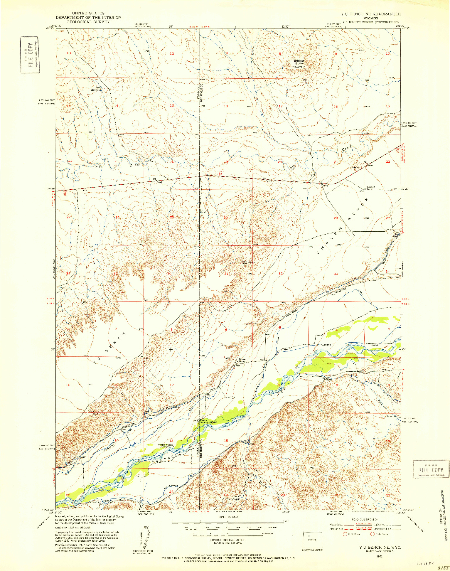 USGS 1:24000-SCALE QUADRANGLE FOR Y U BENCH NE, WY 1951