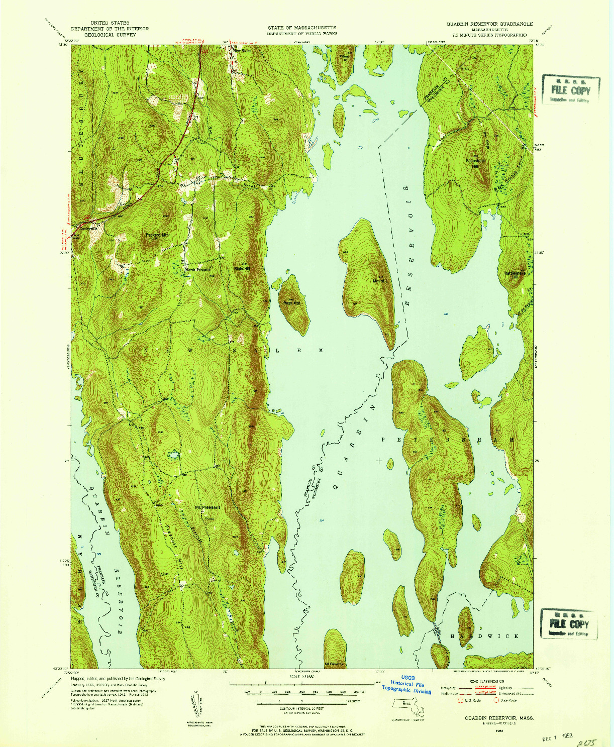 USGS 1:31680-SCALE QUADRANGLE FOR QUABBIN RESERVOIR, MA 1952