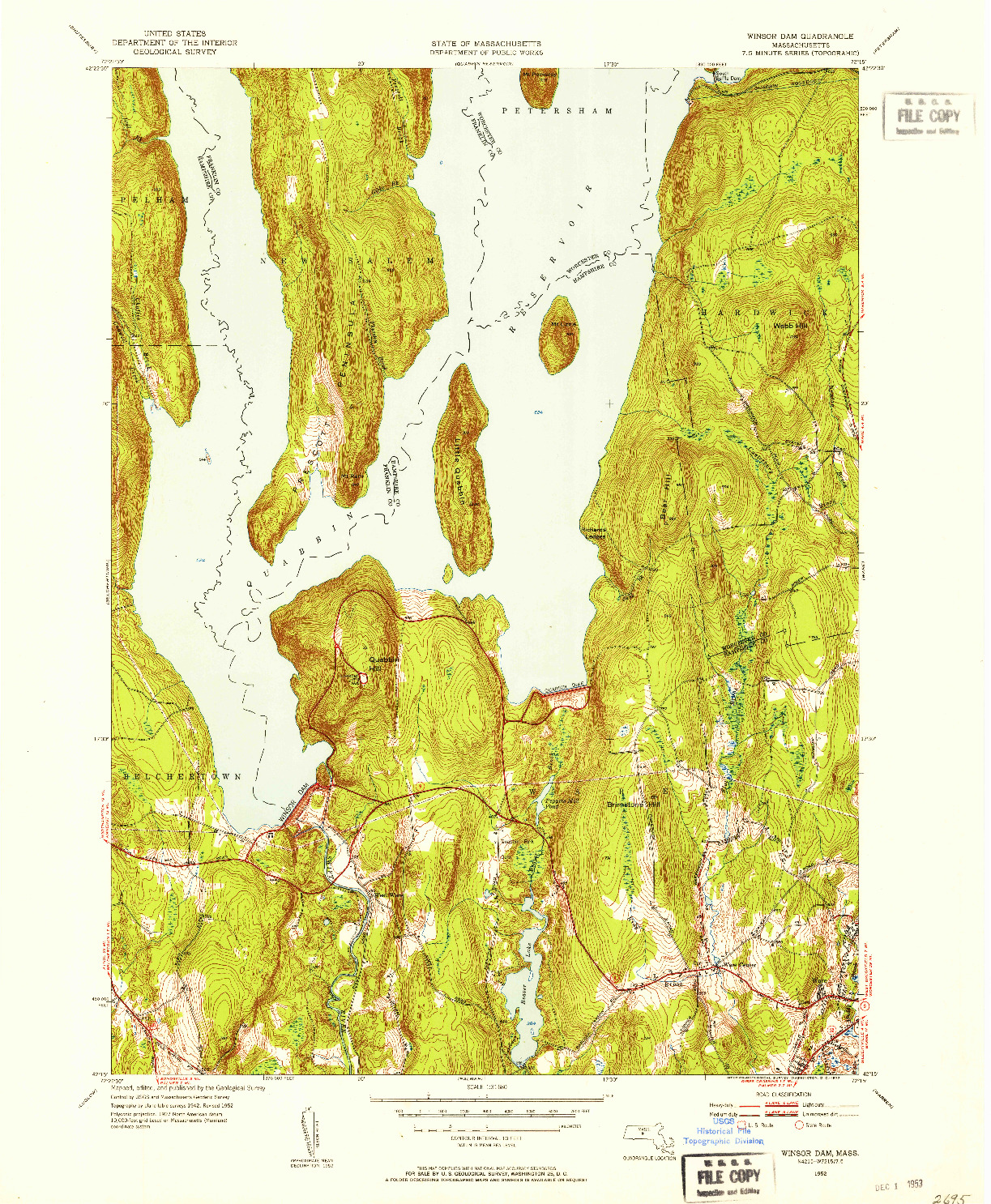 USGS 1:31680-SCALE QUADRANGLE FOR WINSOR DAM, MA 1952