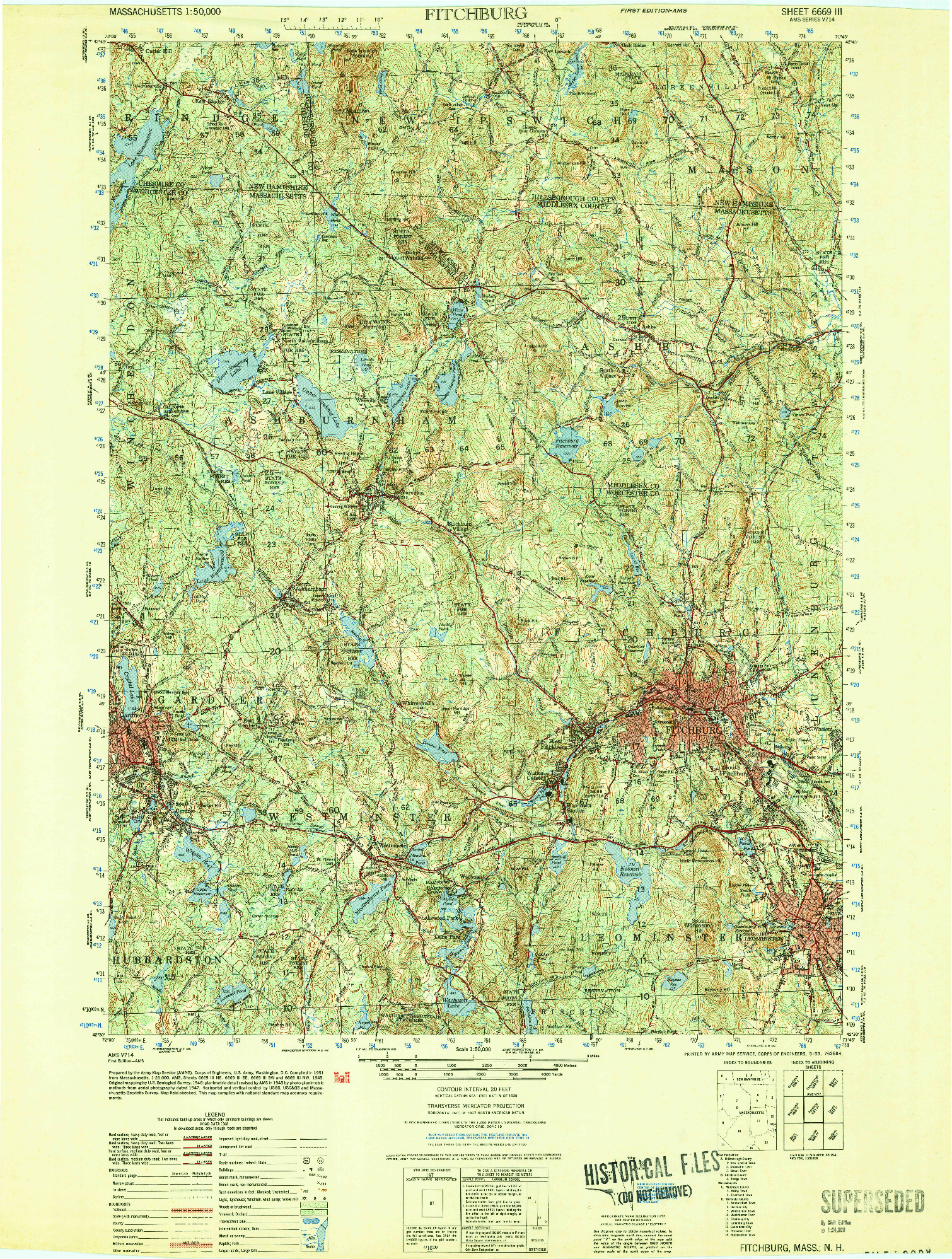 USGS 1:50000-SCALE QUADRANGLE FOR FITCHBURG, MA 1953