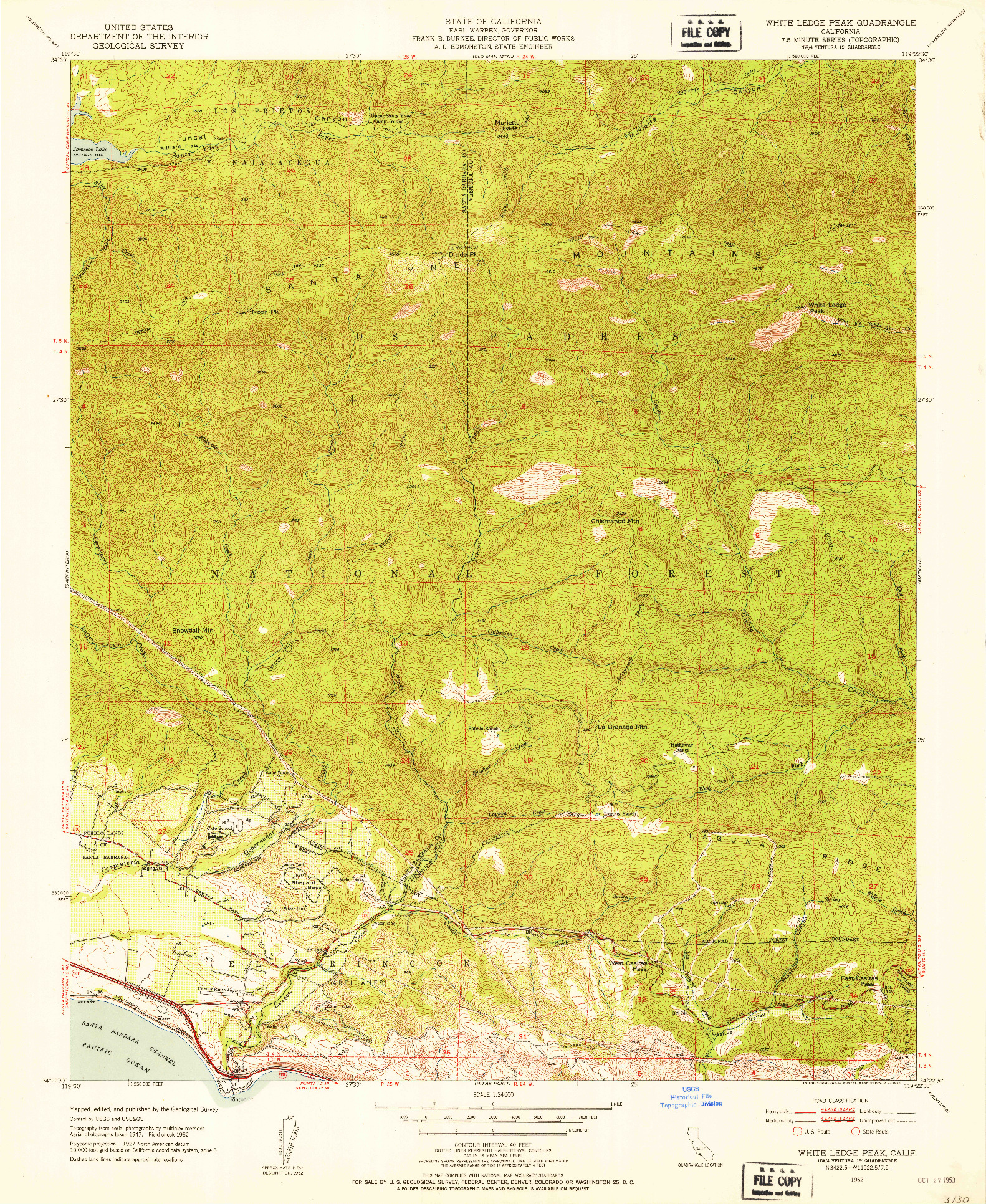 USGS 1:24000-SCALE QUADRANGLE FOR WHITE LEDGE PEAK, CA 1952