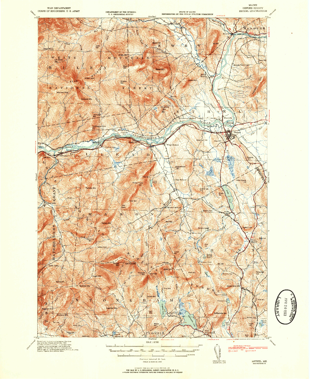 USGS 1:62500-SCALE QUADRANGLE FOR BETHEL, ME 1953