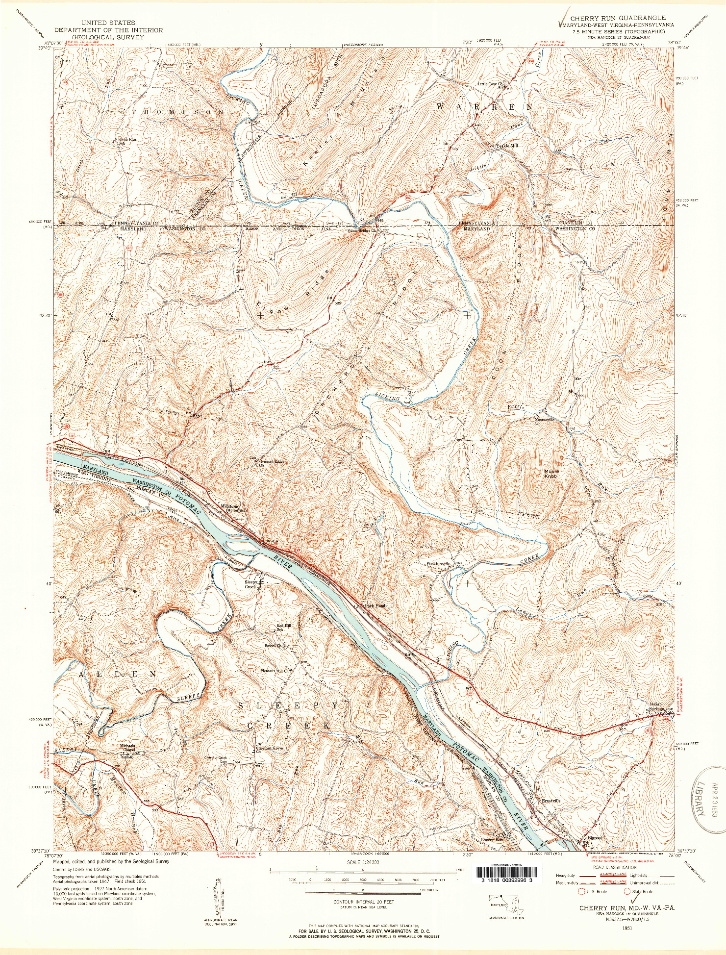 USGS 1:24000-SCALE QUADRANGLE FOR CHERRY RUN, MD 1951