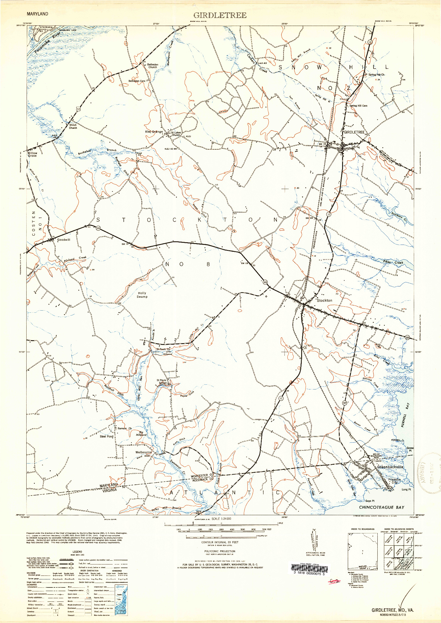 USGS 1:24000-SCALE QUADRANGLE FOR GIRDLETREE, MD 1953